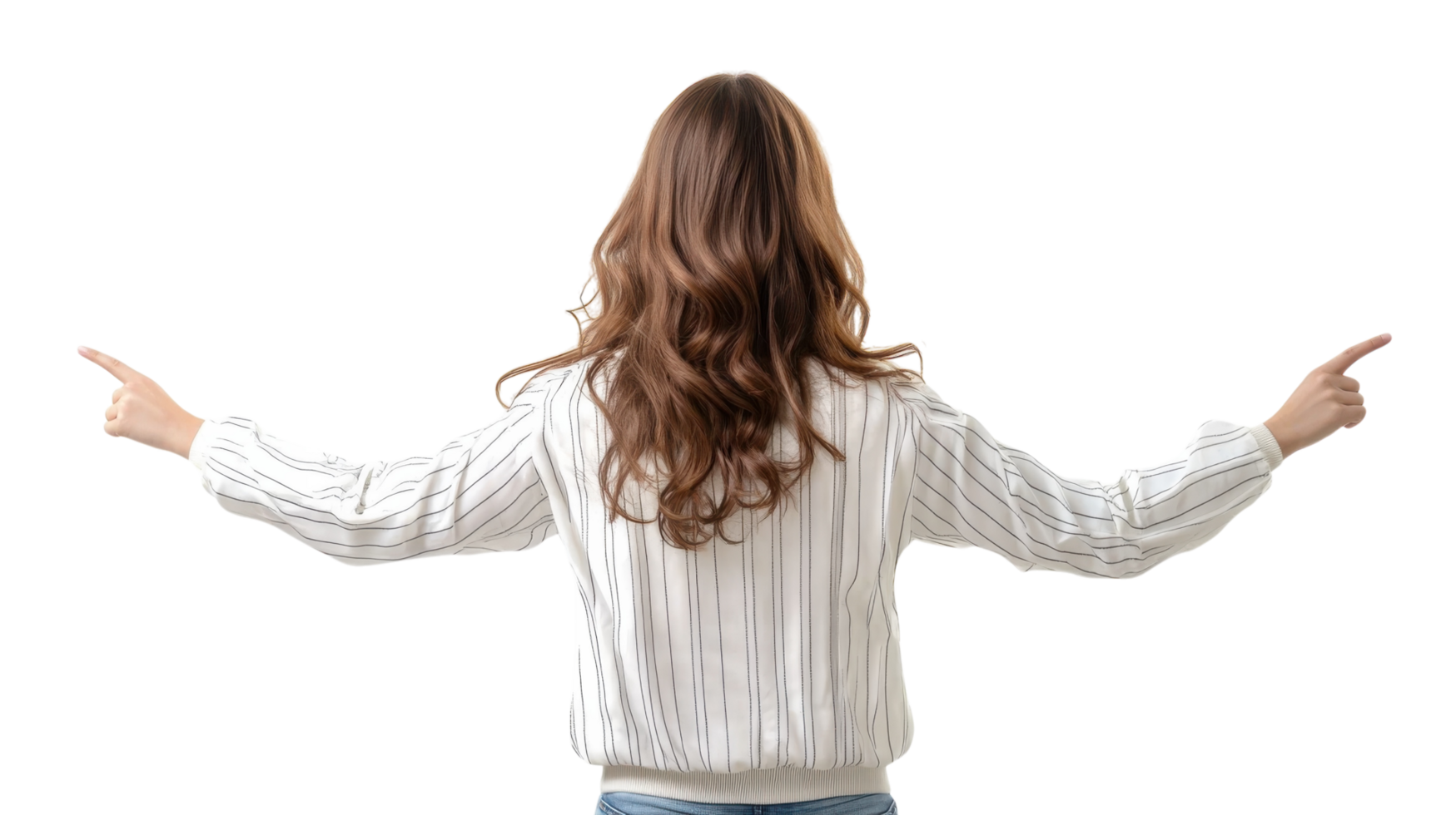 Woman with long hair gesturing with both hands in a minimalist setting while facing away from the viewer png