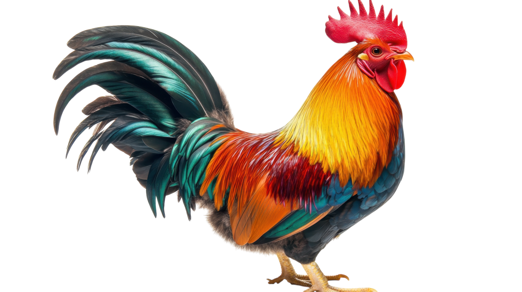 Brightly colored rooster standing proudly, showcasing vibrant plumage and striking features in a natural setting png