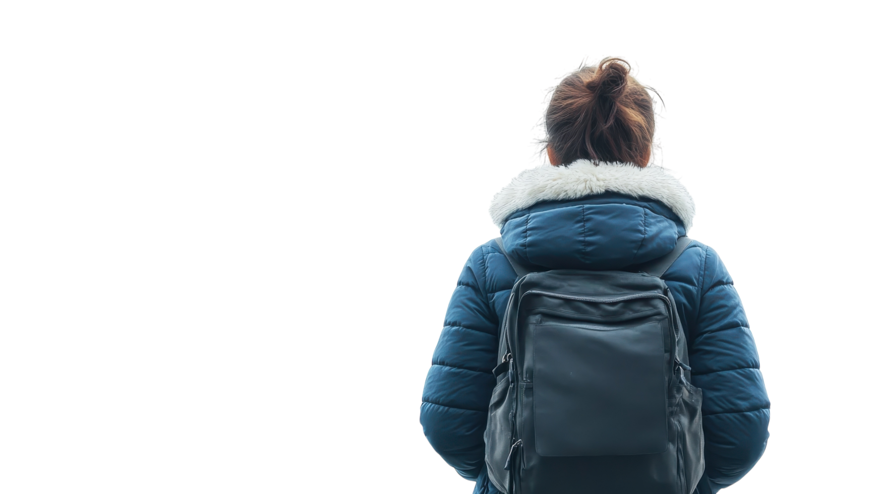 Person in a blue jacket and backpack stands against a bright white background contemplating their next adventure in a chilly environment png