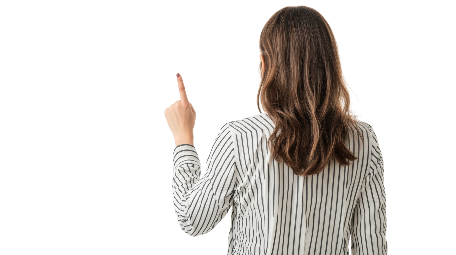 Woman gesturing with finger raised while facing away, dressed in striped clothing against a plain background png