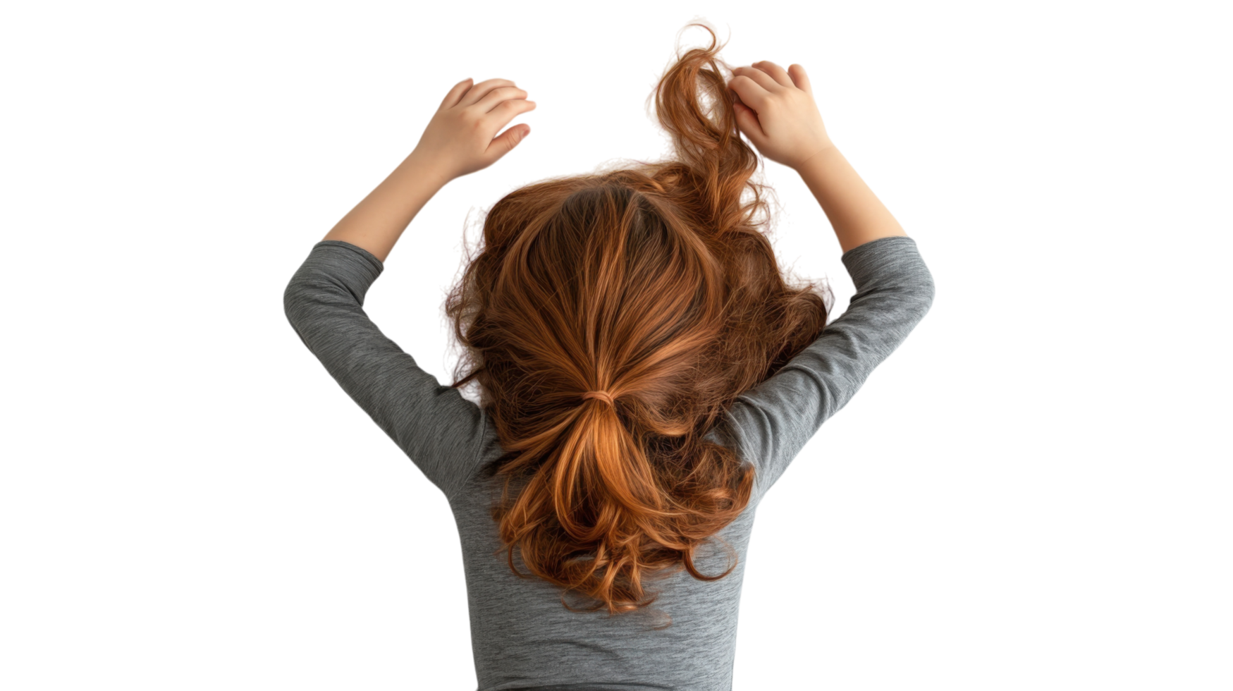 Child with long, wavy hair playing with curls in a light setting during afternoon png