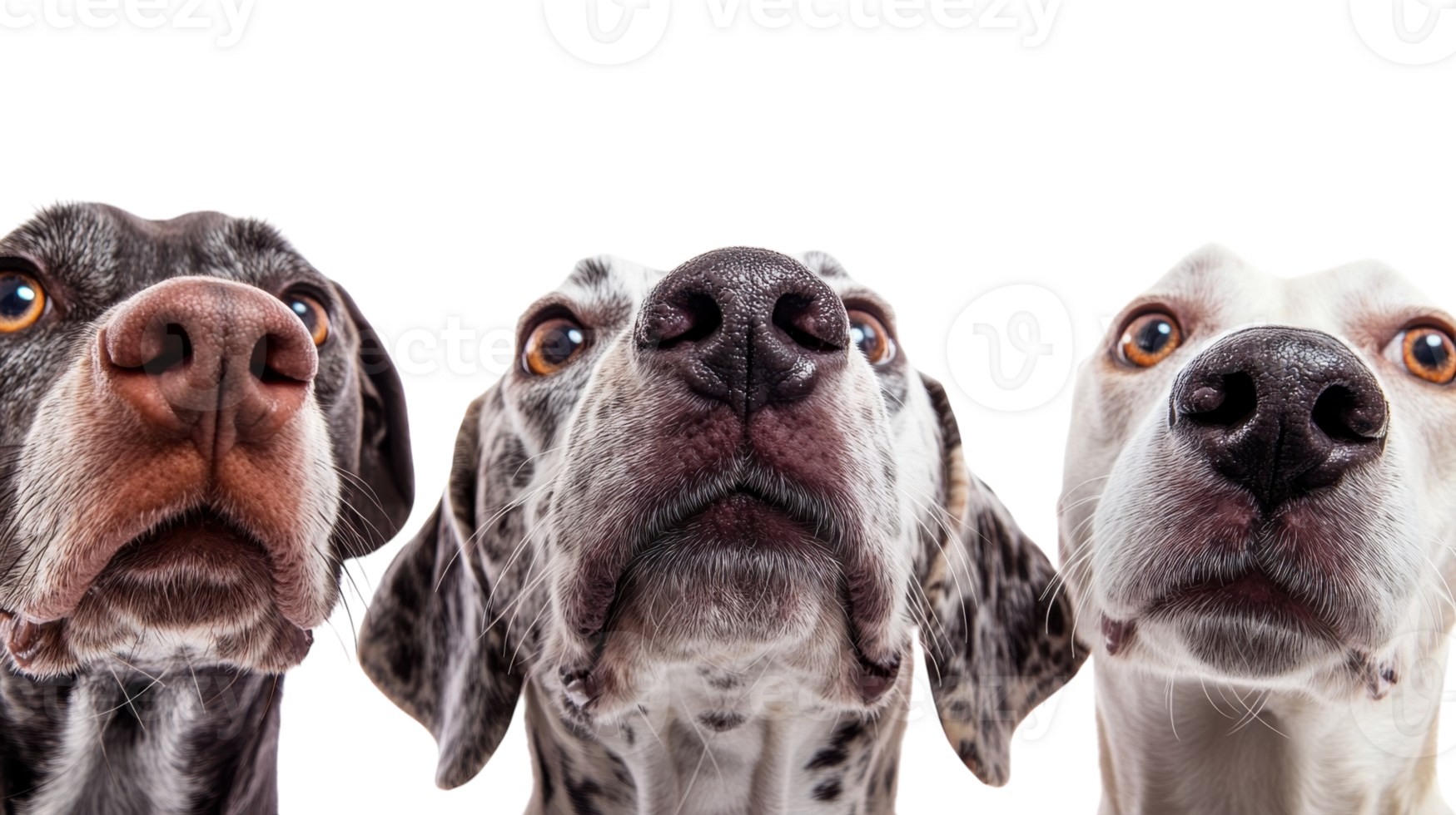 Three dogs with distinct markings looking curiously at the camera against a plain background during a studio session png