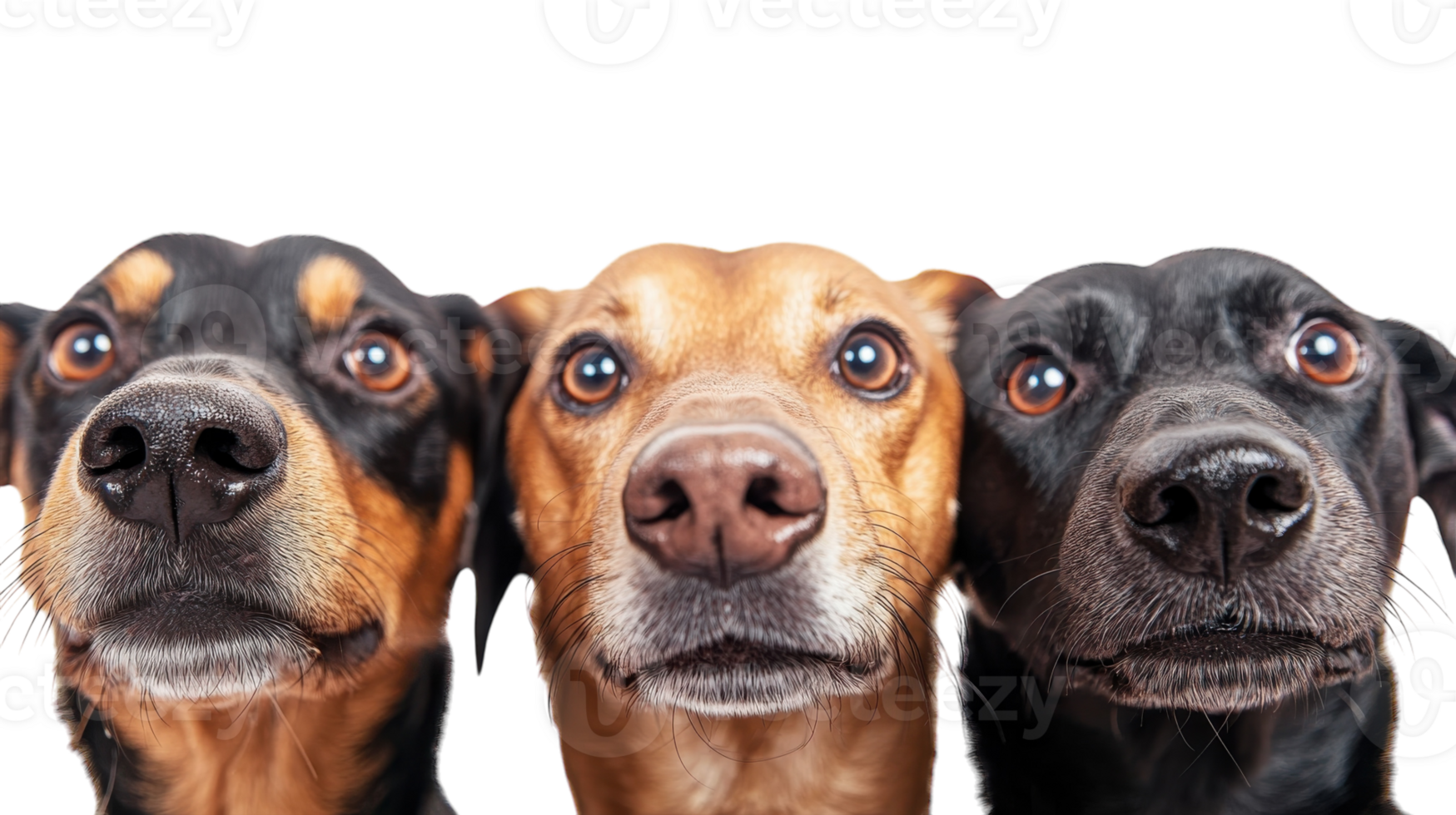 Three dogs with expressive faces posing together in a studio setting with a white background png