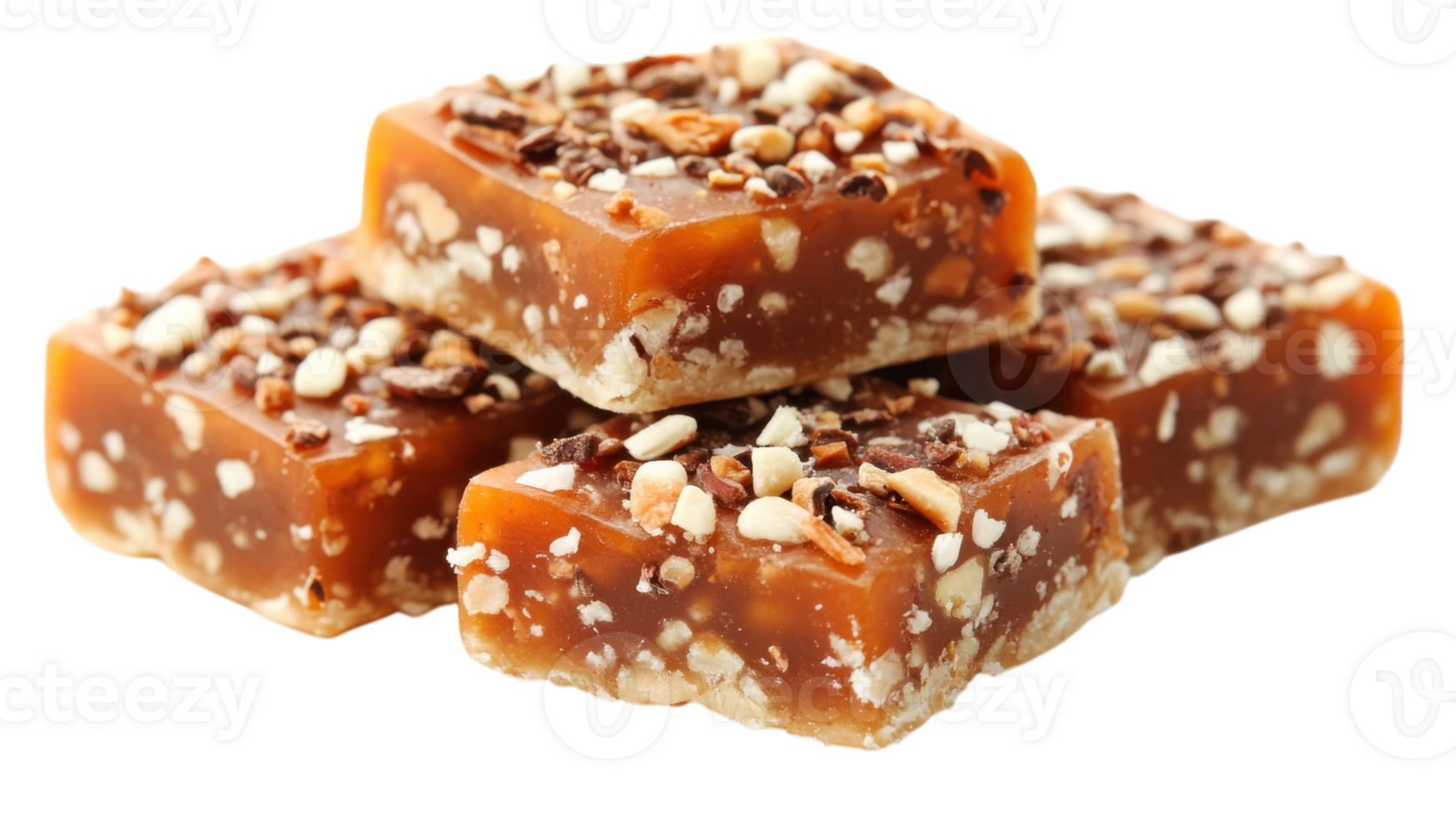 Delicious homemade caramel squares topped with crunchy chocolate bits and nuts ready to be enjoyed at any time png