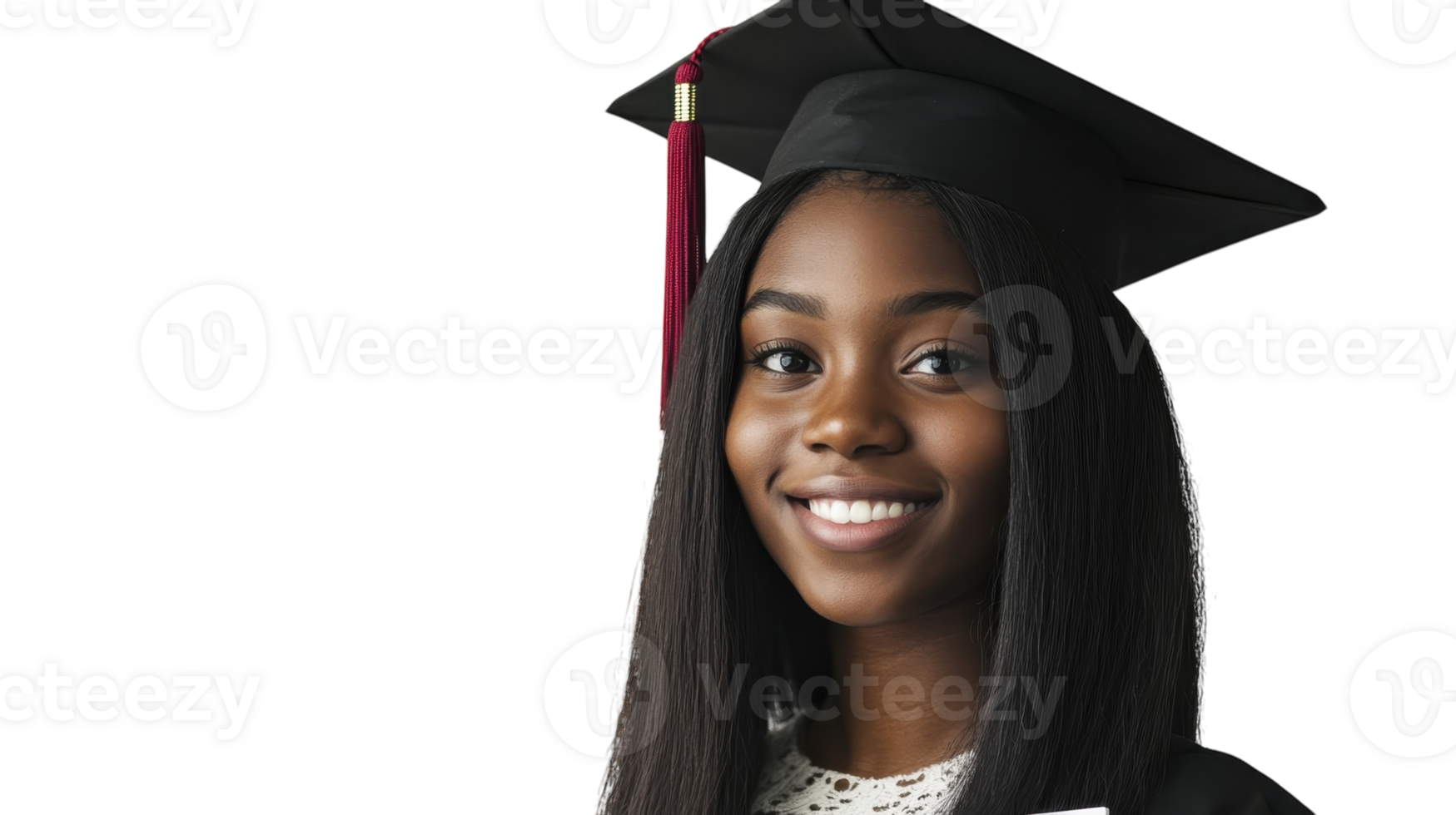 Graduate proudly smiles while wearing a cap and gown at a graduation ceremony inside a bright venue png