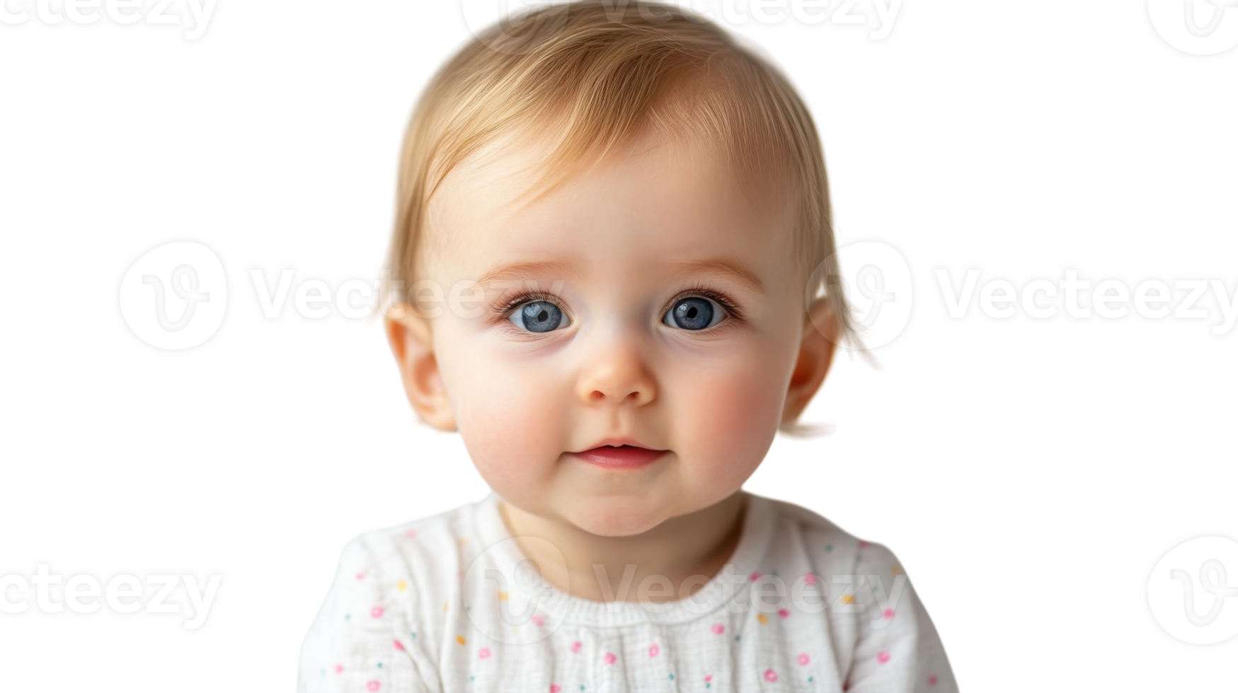 Beautiful baby girl with blue eyes and soft hair looking curiously at the camera in a bright setting png