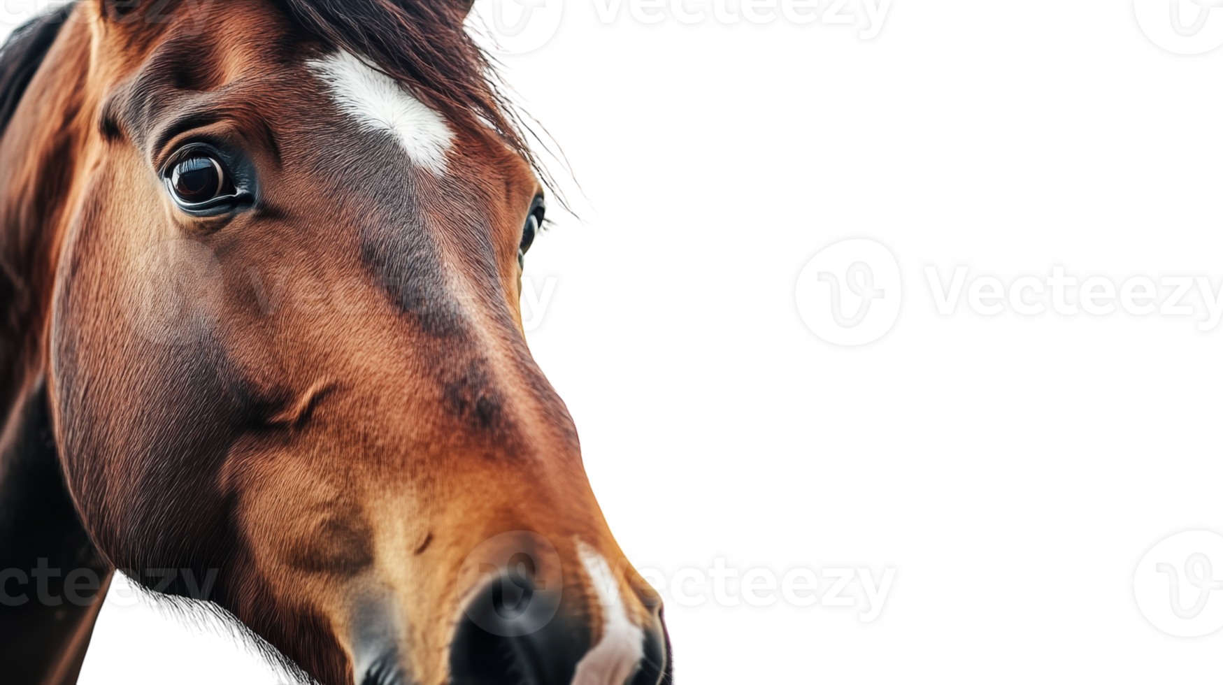 Close-up of a brown horse with a white stripe on its forehead in a serene and natural setting during the day png
