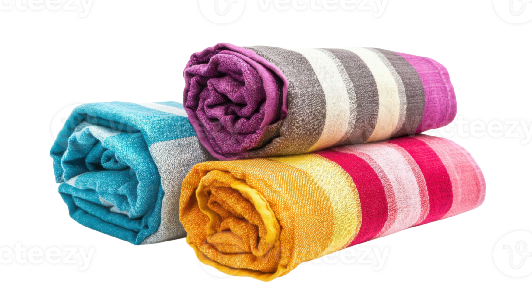 Colorful striped textiles rolled neatly in a stack showcasing vibrant hues for home decor or beach outings png