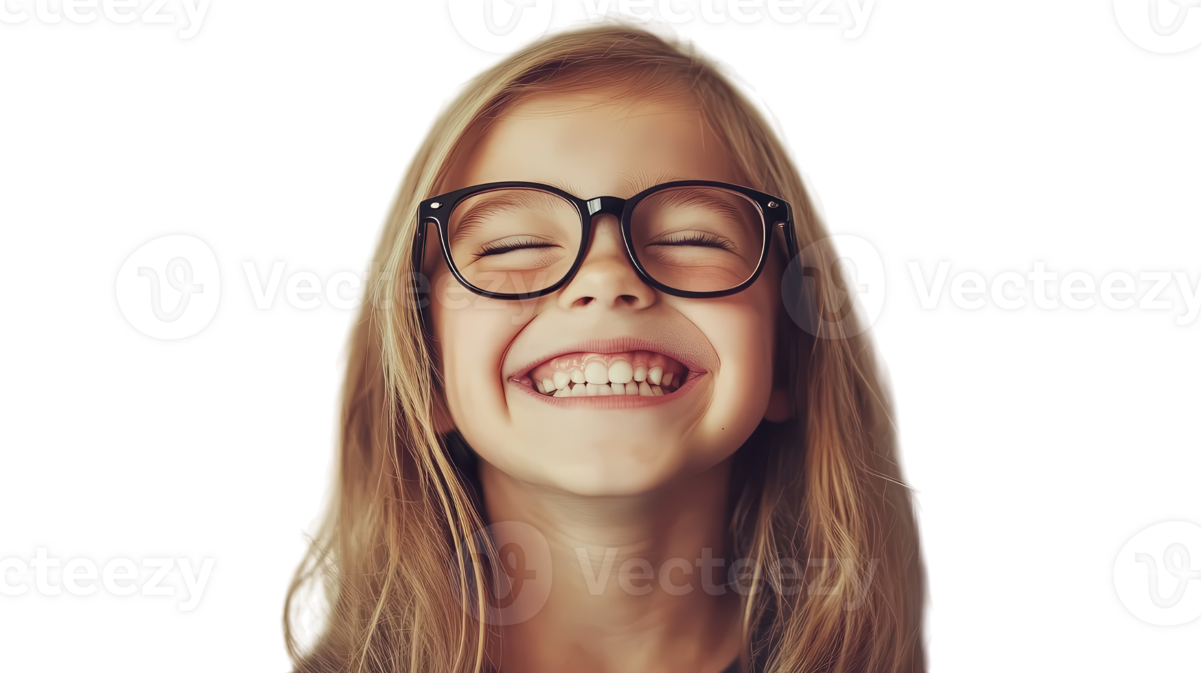Girl with glasses smiles brightly against a plain background, showcasing happiness and joy during a fun moment png