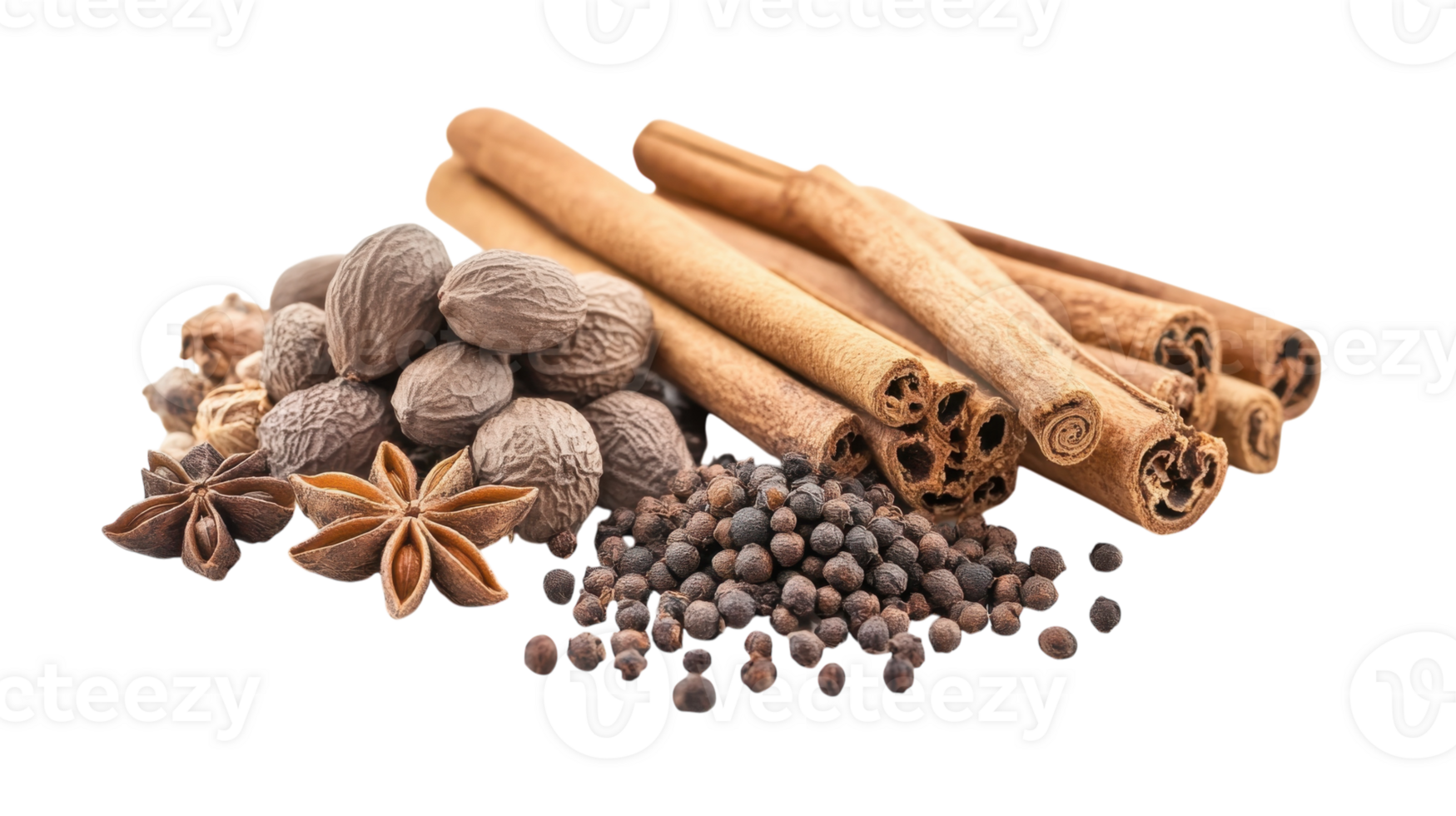 Variety of aromatic spices and herbs arranged artistically on a white background for culinary inspiration and flavor enhancement png