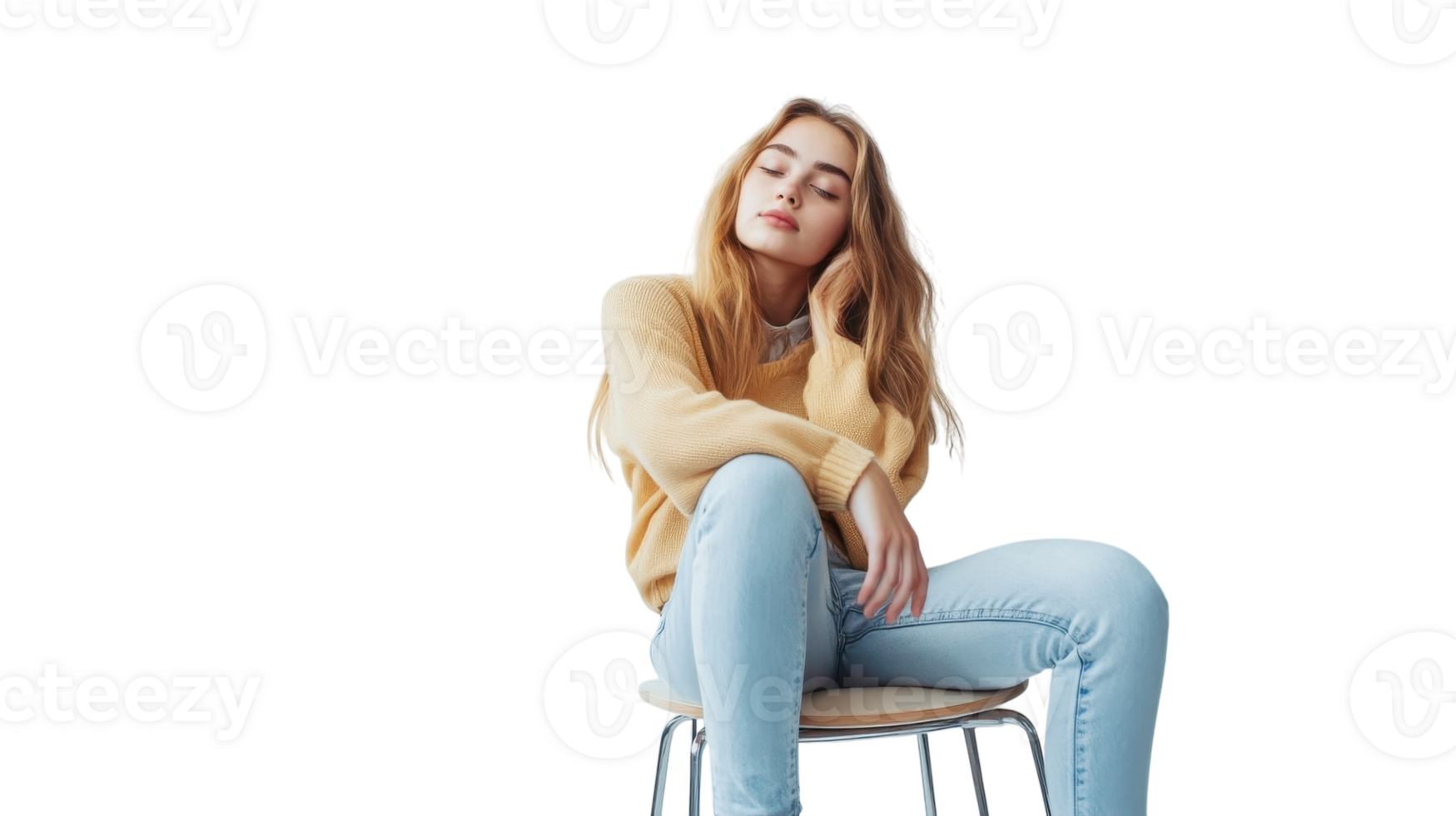 Young woman poses confidently on a chair while wearing a cozy sweater and jeans in a minimalistic studio setting png