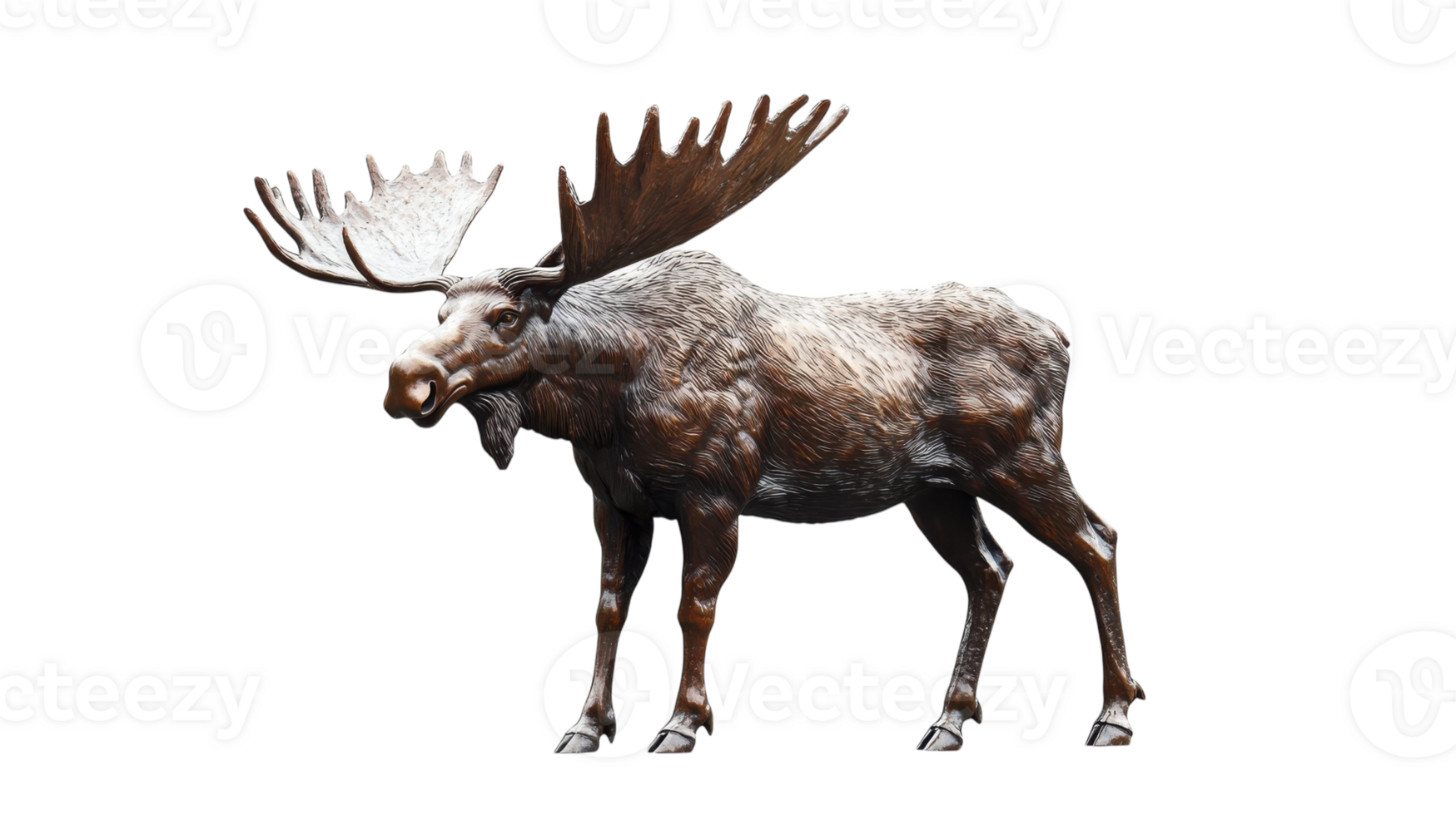 Bronze sculpture of a moose standing prominently in a gallery setting with detailed features and naturalistic design png