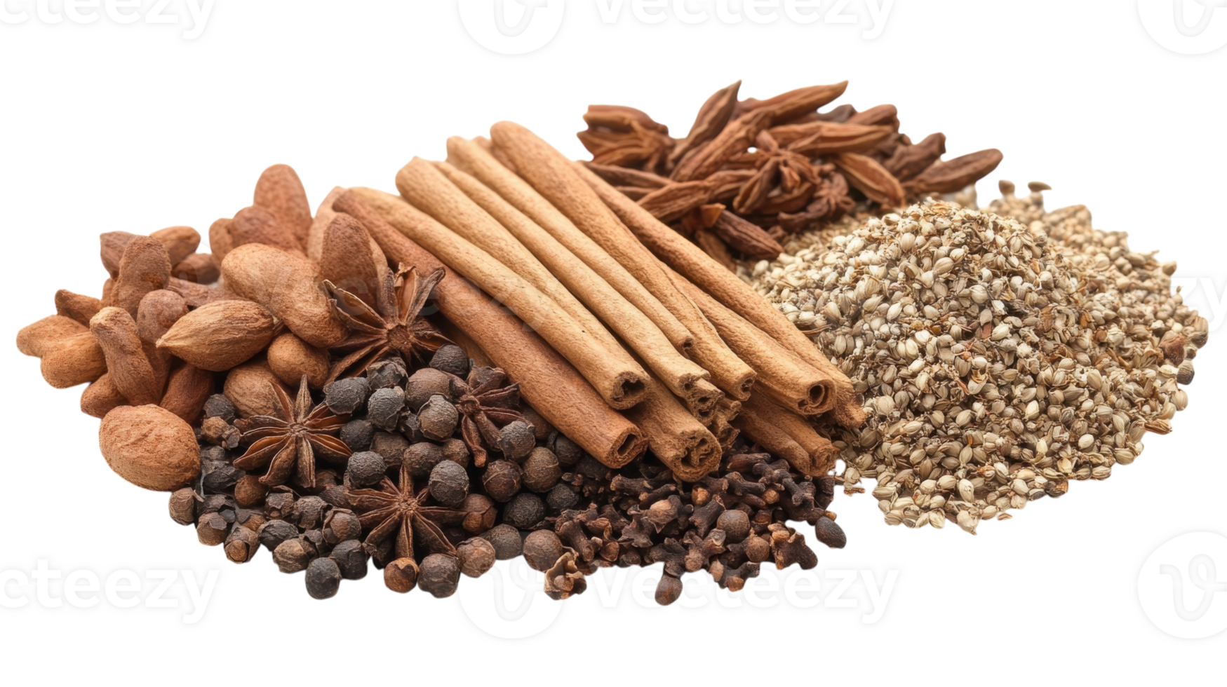 Diverse assortment of spices arranged on a white background showcasing unique textures and colors for culinary inspiration png