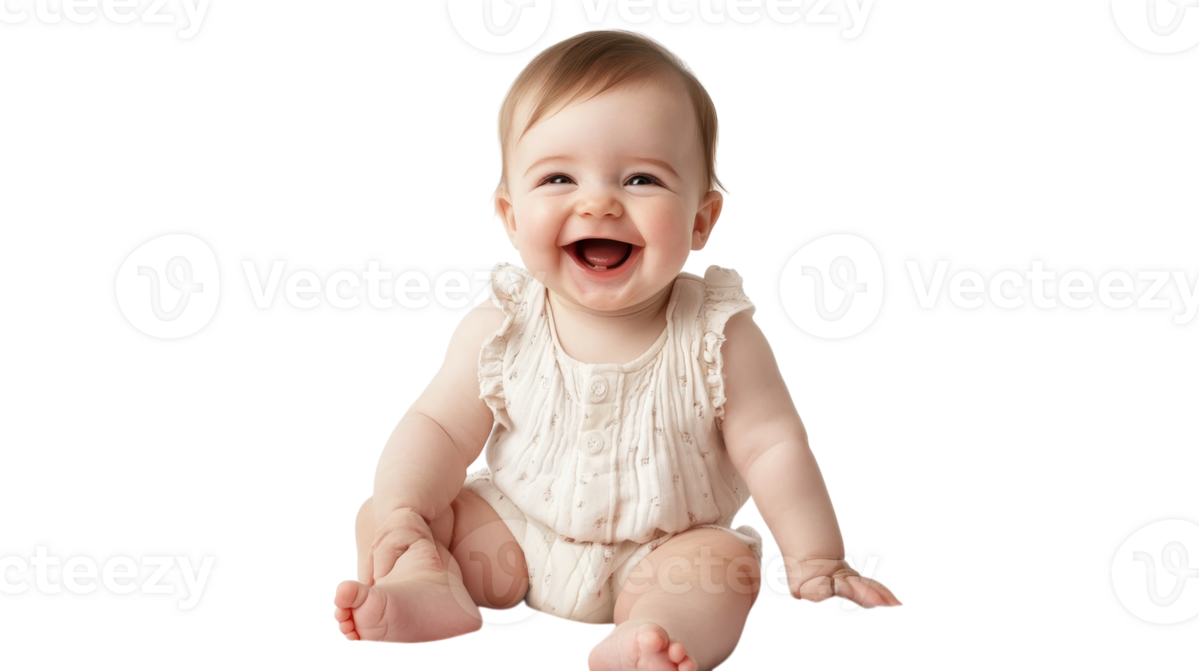 Baby laughing while sitting on a white background, showcasing pure joy and innocence in a clean and vibrant atmosphere png