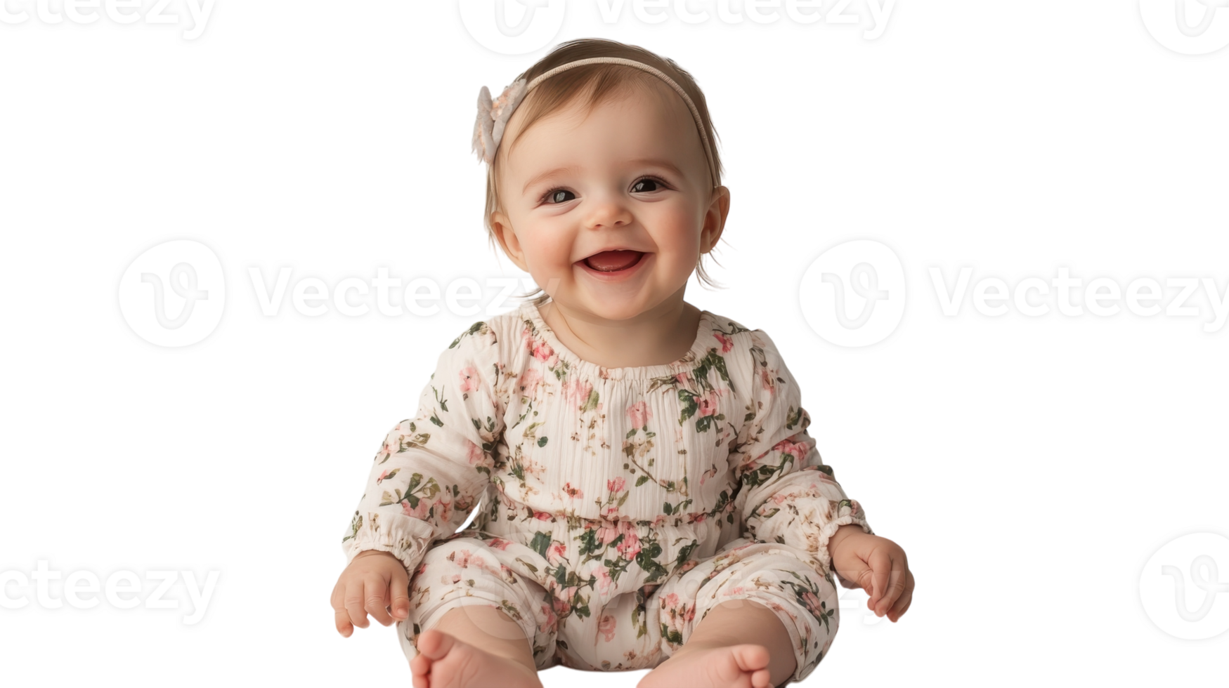 Happy baby smiling in floral outfit seated on a clean white background enjoying a joyful moment png