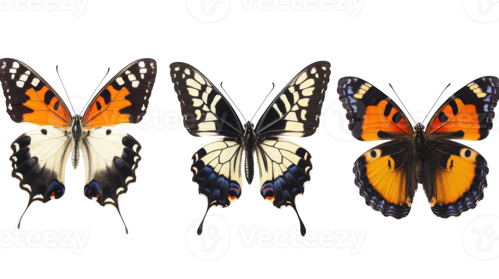 Colorful butterflies displayed on a white background showcasing intricate wing patterns and vibrant colors png