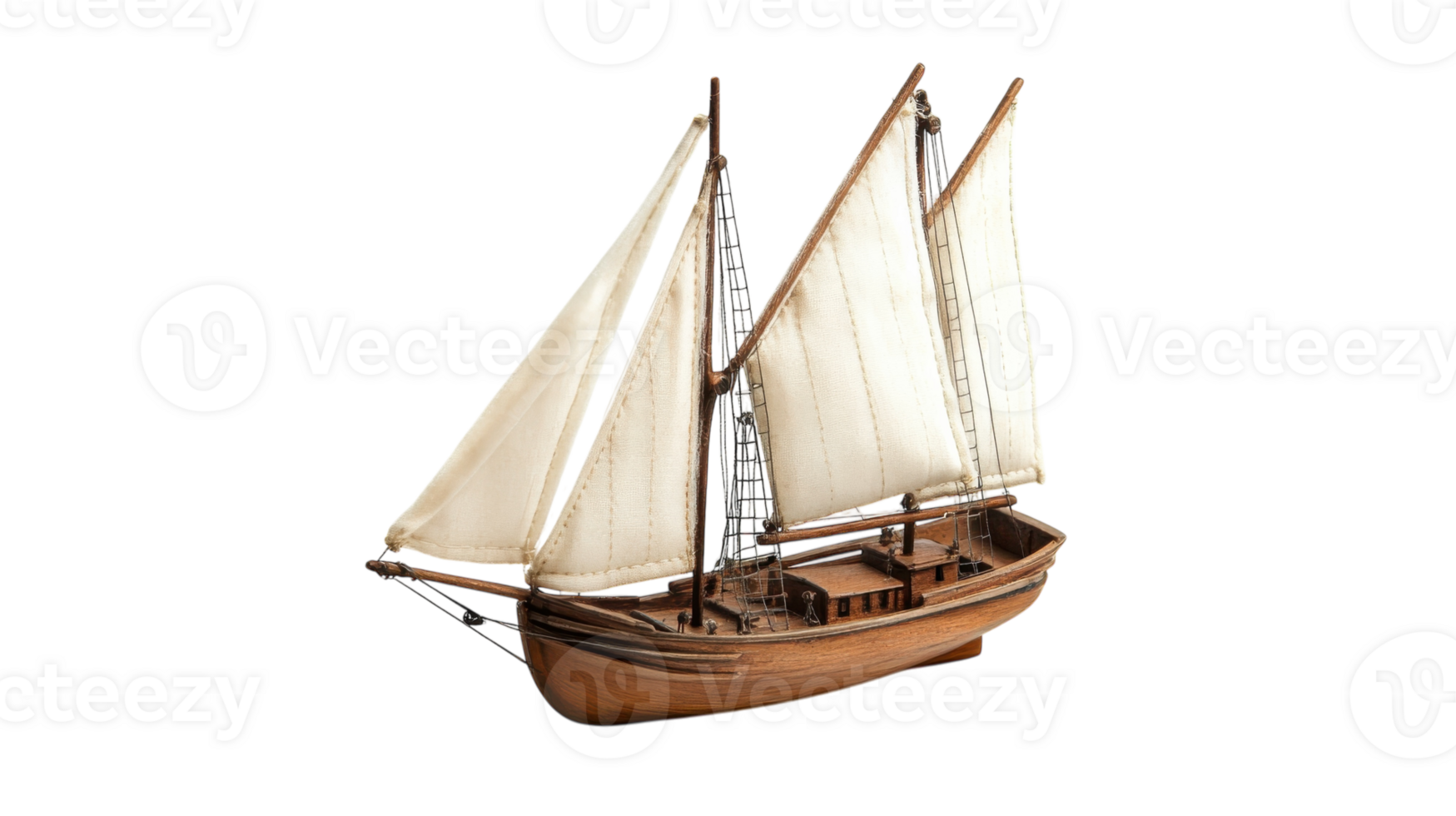 Beautifully detailed wooden sailing ship model with three sails showcasing craftsmanship and nautical design png