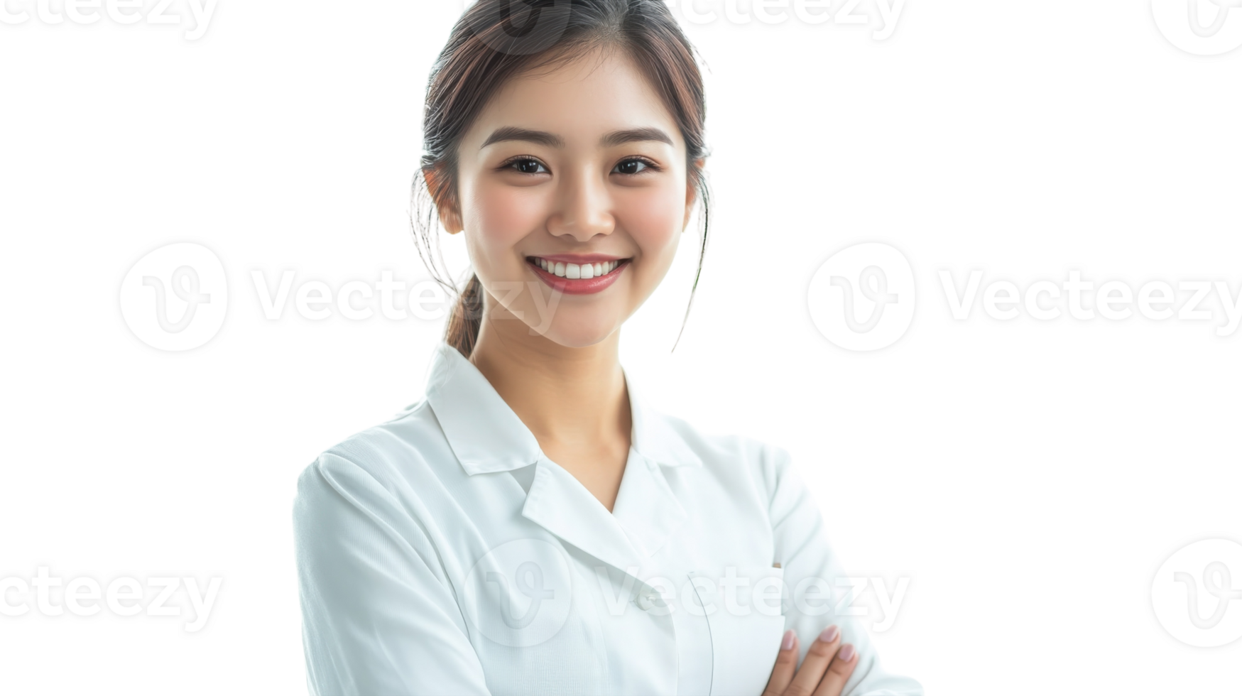 Smiling healthcare professional poses confidently in a bright, well-lit setting during a clinical consultation png
