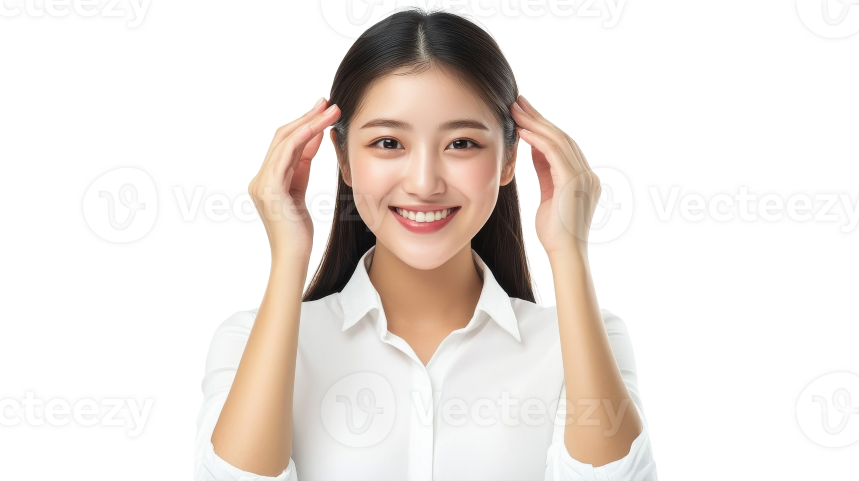 Young woman smiling and posing with hands near face in professional attire against plain background png