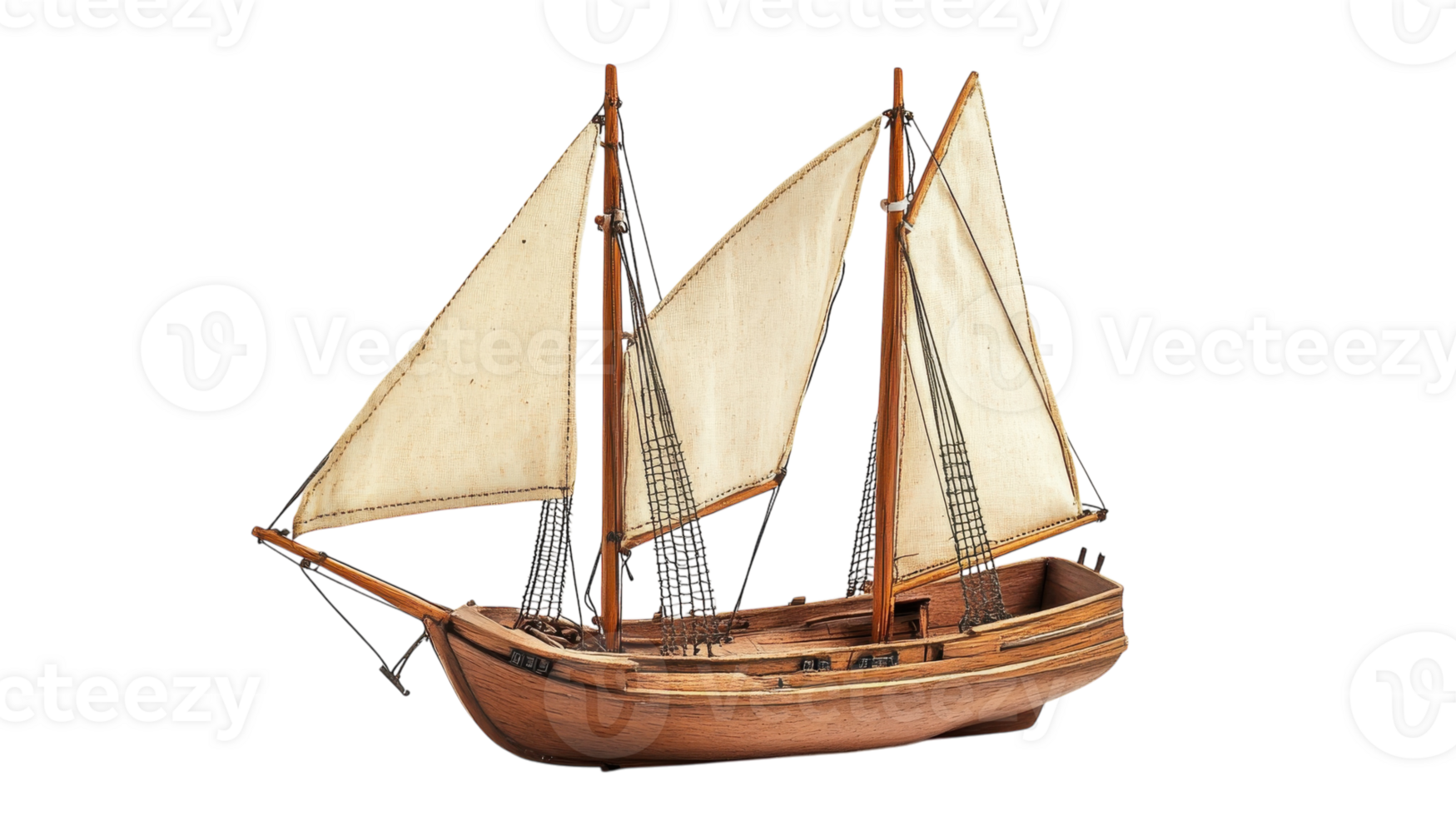 detalhado de madeira navio modelo com velas e aparelhamento exibido em uma simples fundo png