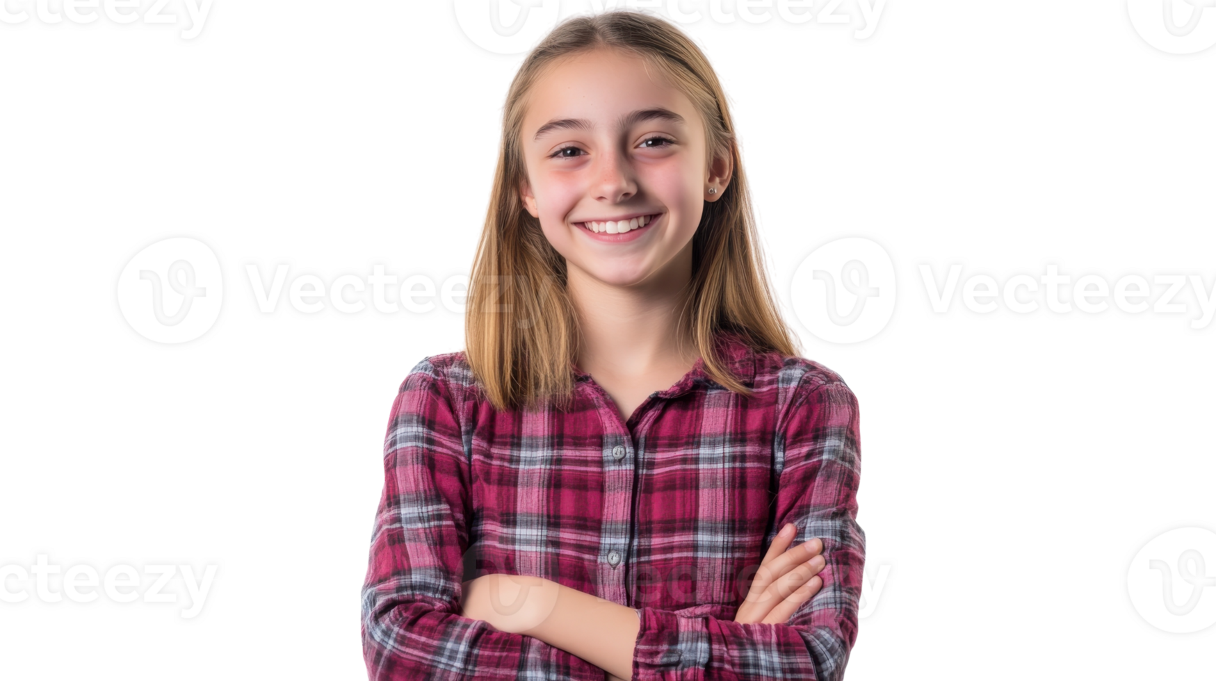 Smiling girl with crossed arms poses confidently in a casual plaid shirt on a white background png