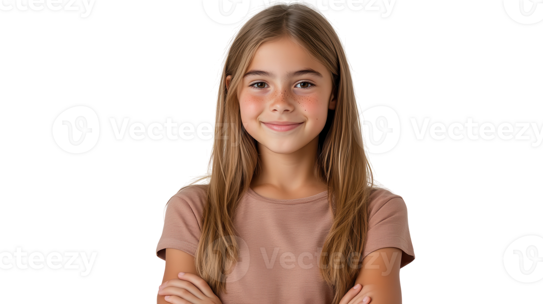 Smiling young girl with crossed arms posing confidently against a white background png