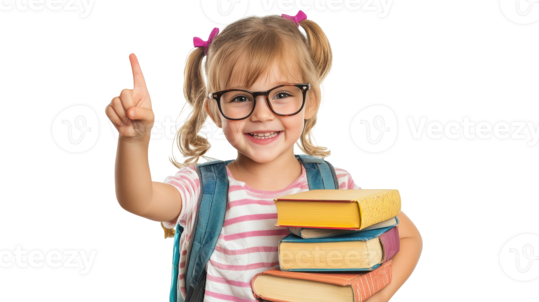 Girl with glasses holds books and raises finger, showing excitement for learning in bright setting png