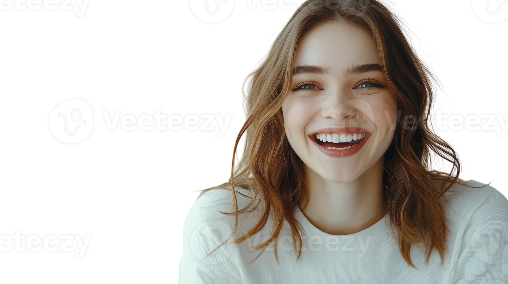 Smiling woman with long hair in a bright setting radiates joy and happiness while wearing a simple light-colored sweater png