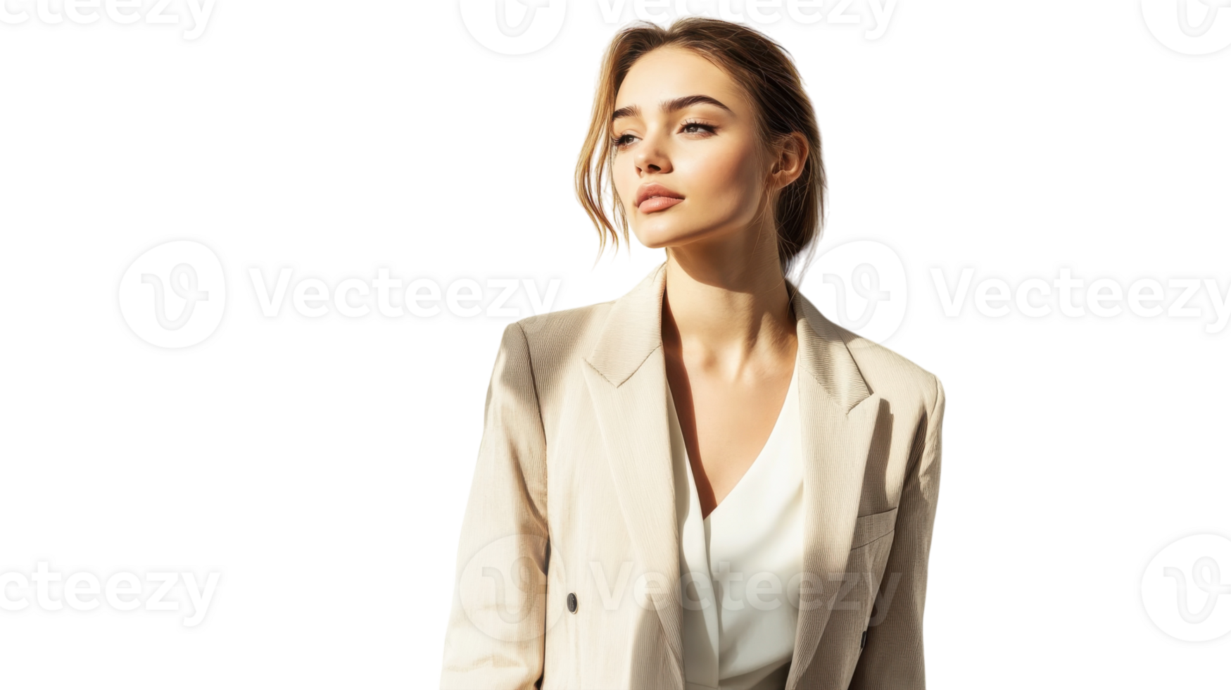 Elegant young woman posing in a stylish outfit against a bright white background during a daylight fashion shoot png