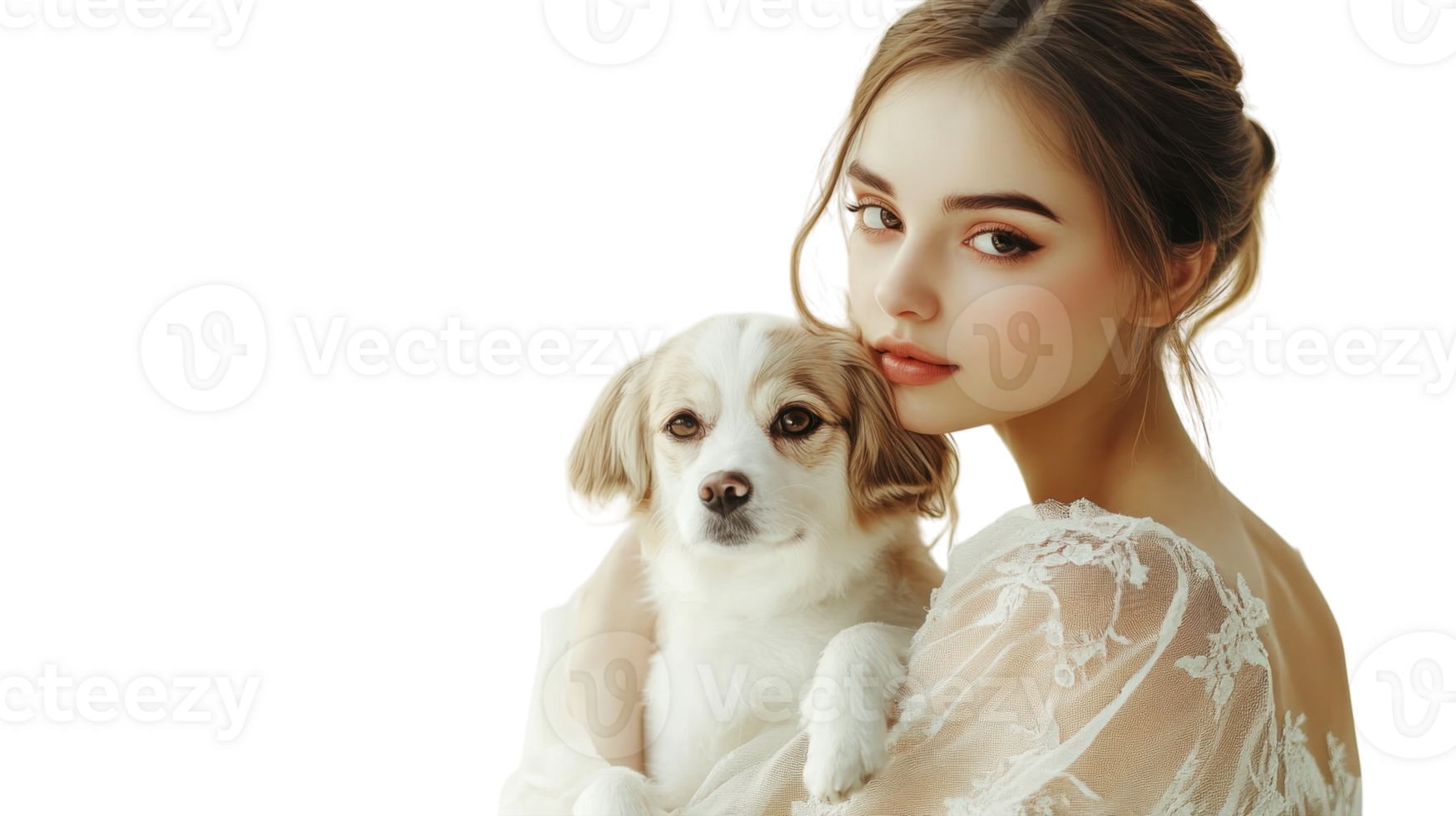 Young woman with long hair holds her cute dog in a cozy indoor setting during a sunny afternoon at home png
