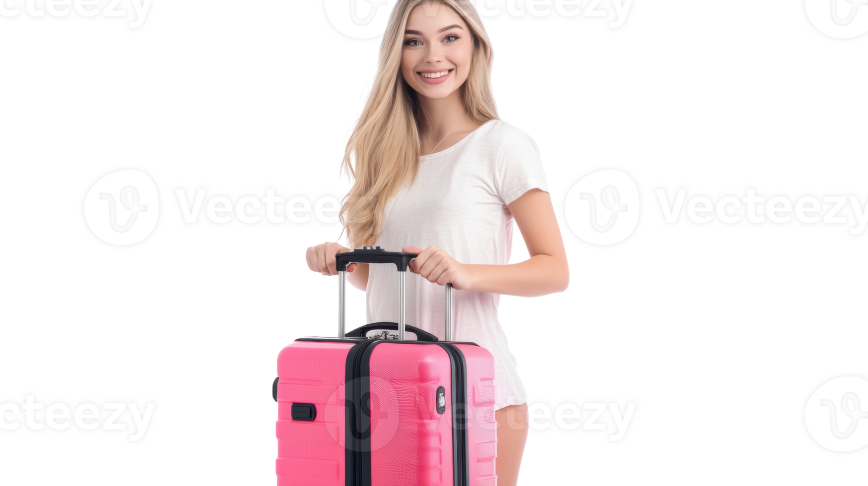 Young woman preparing for travel with a bright pink suitcase in a studio setting png