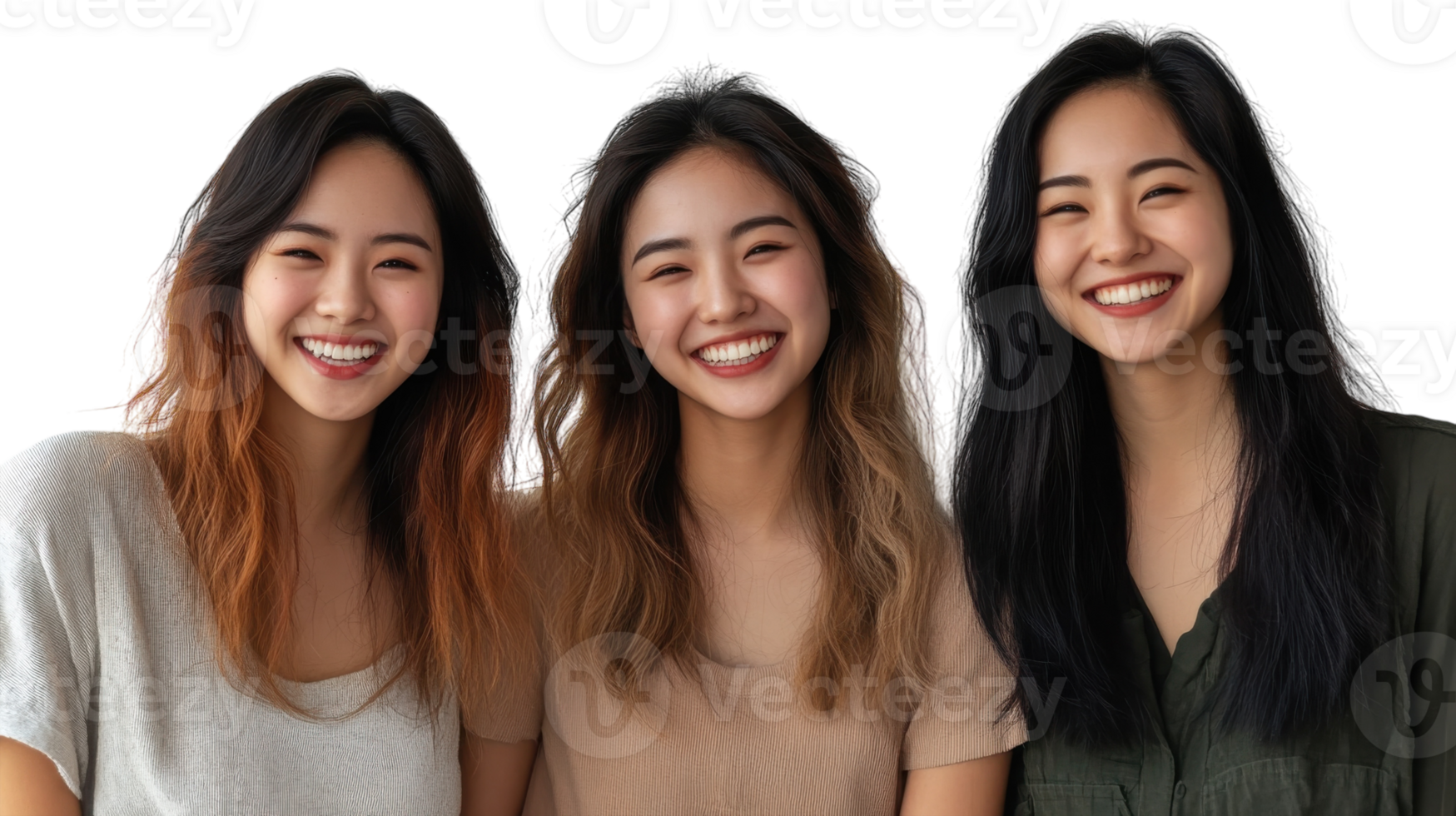 Three friends smiling together in a bright studio with neutral background during a casual photoshoot png