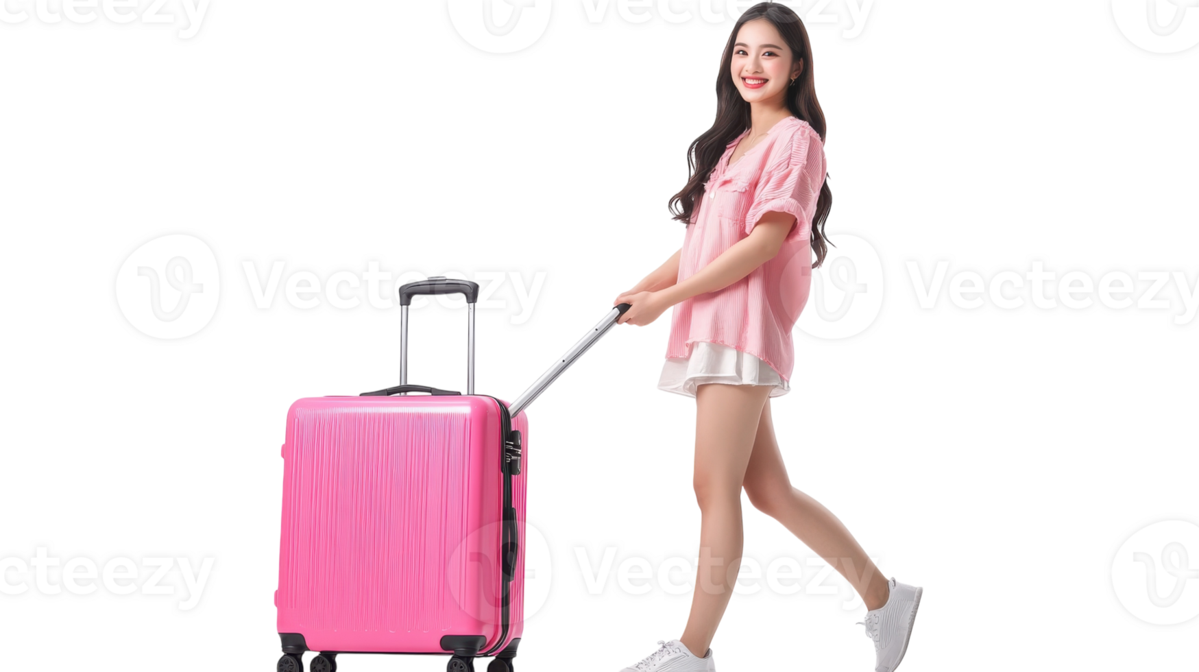 Young woman in casual outfit pulling a pink suitcase while smiling, ready for travel during daytime png