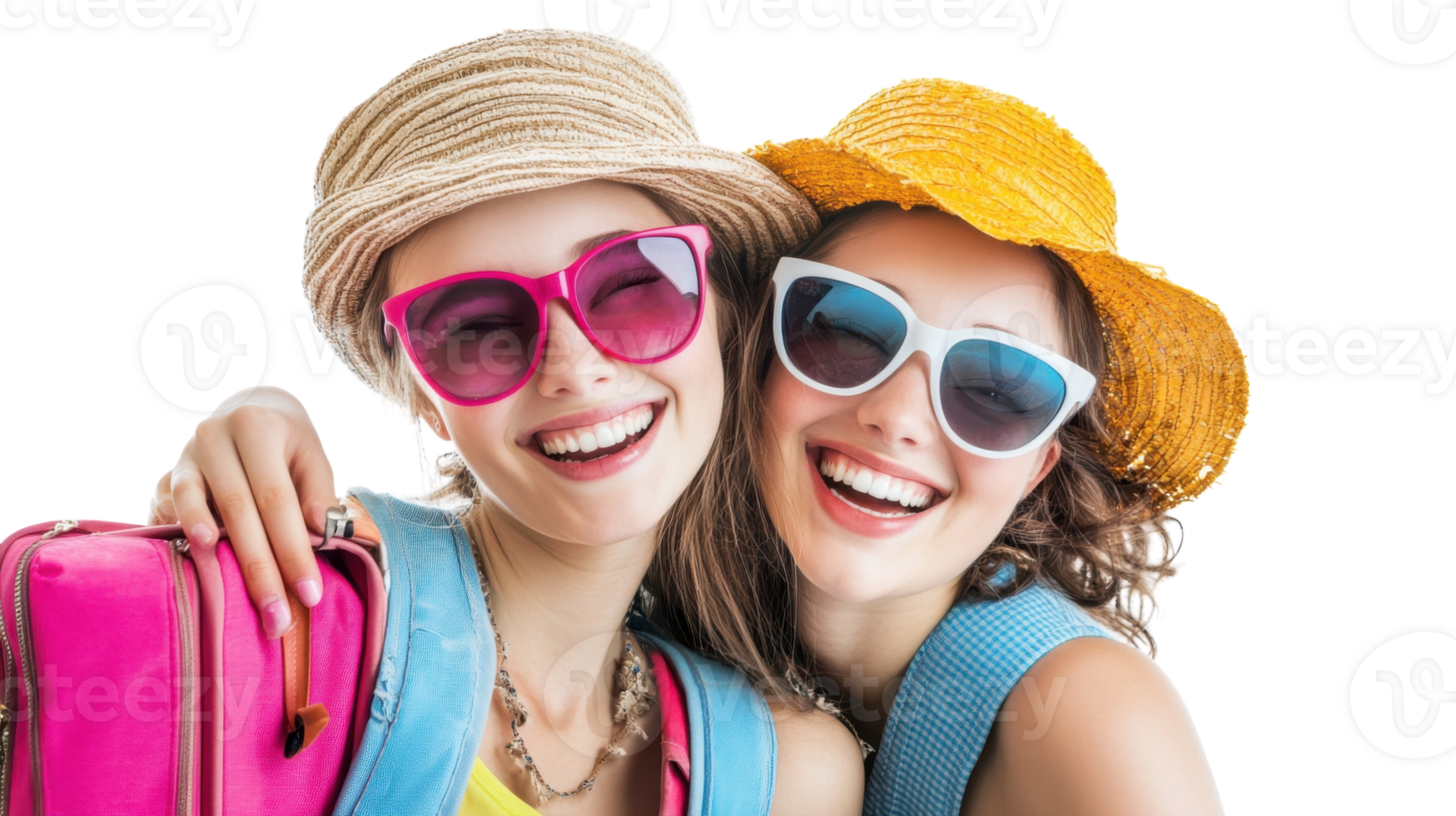 Friends enjoy a sunny day at the beach while wearing bright hats and stylish sunglasses png
