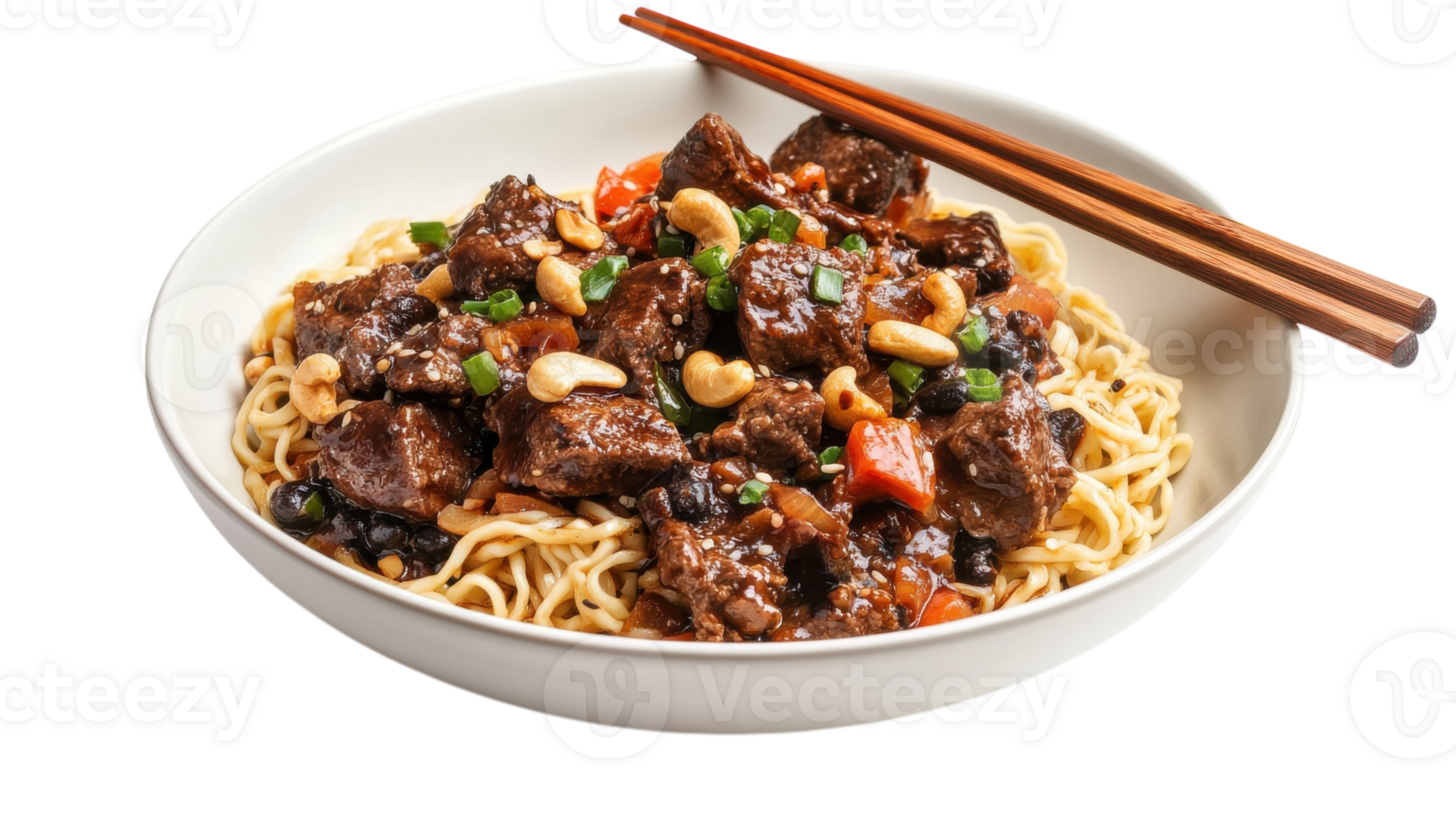 Hearty bowl of beef stir-fry with noodles and peanuts served with chopsticks on a white background png