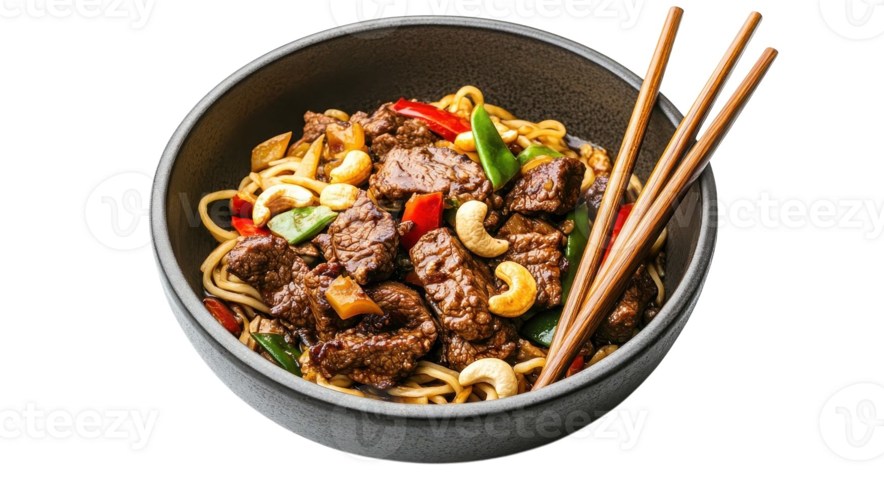 Delicious beef stir fry with noodles and vegetables served in a bowl with chopsticks png
