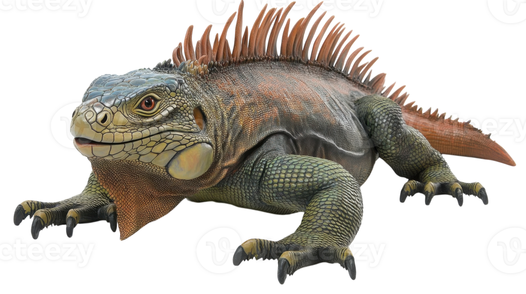 Colorful reptile with spiky back resting on a rock in a natural habitat under sunlight png