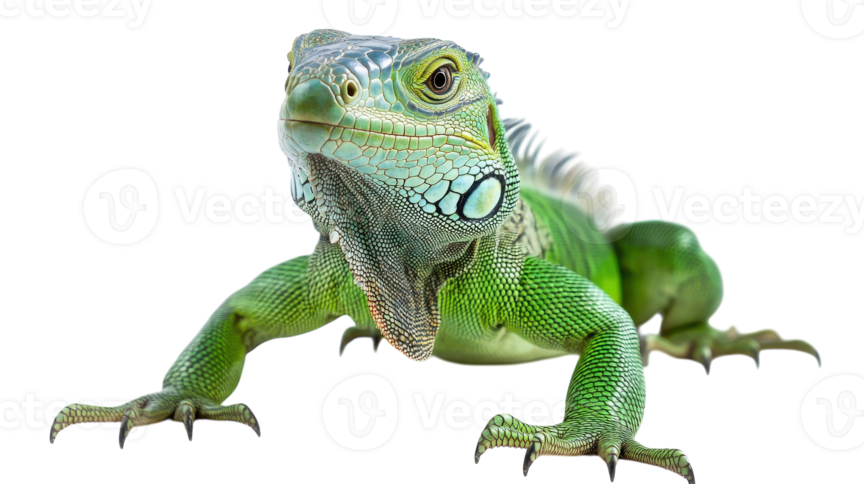 Iguana showcasing vibrant green scales and strong limbs while basking under bright lights in a studio setting png