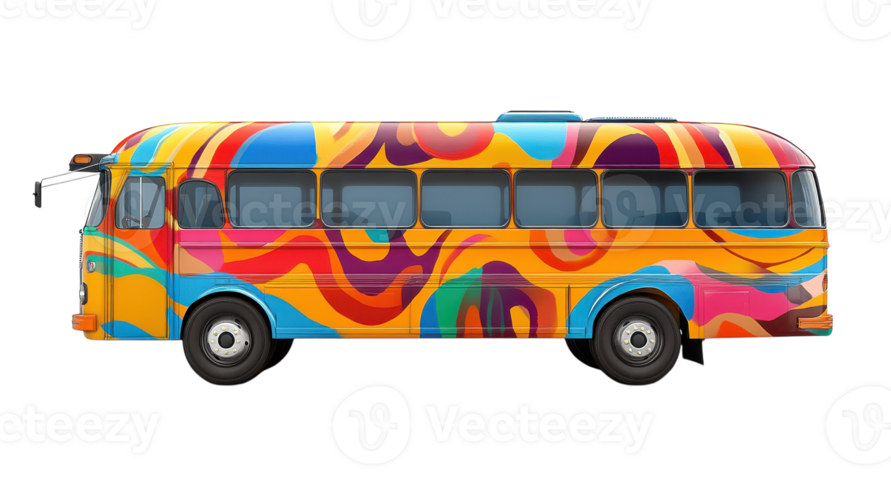 Colorful mural bus parked in a bright outdoor setting showcasing vibrant patterns and sunlight highlighting its unique design png