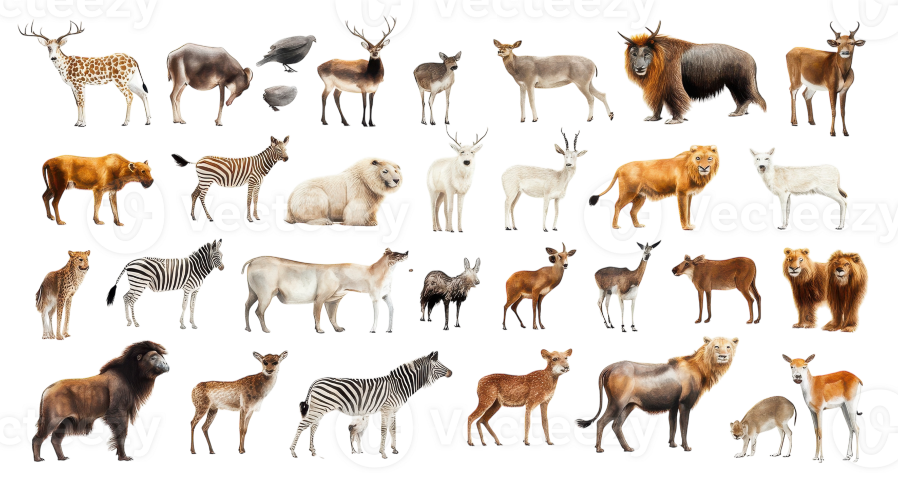 Collection of various animals including lions, bears, and deer in a diverse natural habitat setting png