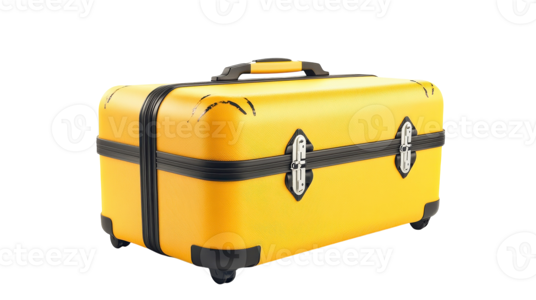 Bright yellow luggage with scuffs ready for travel adventure in busy airport terminal png