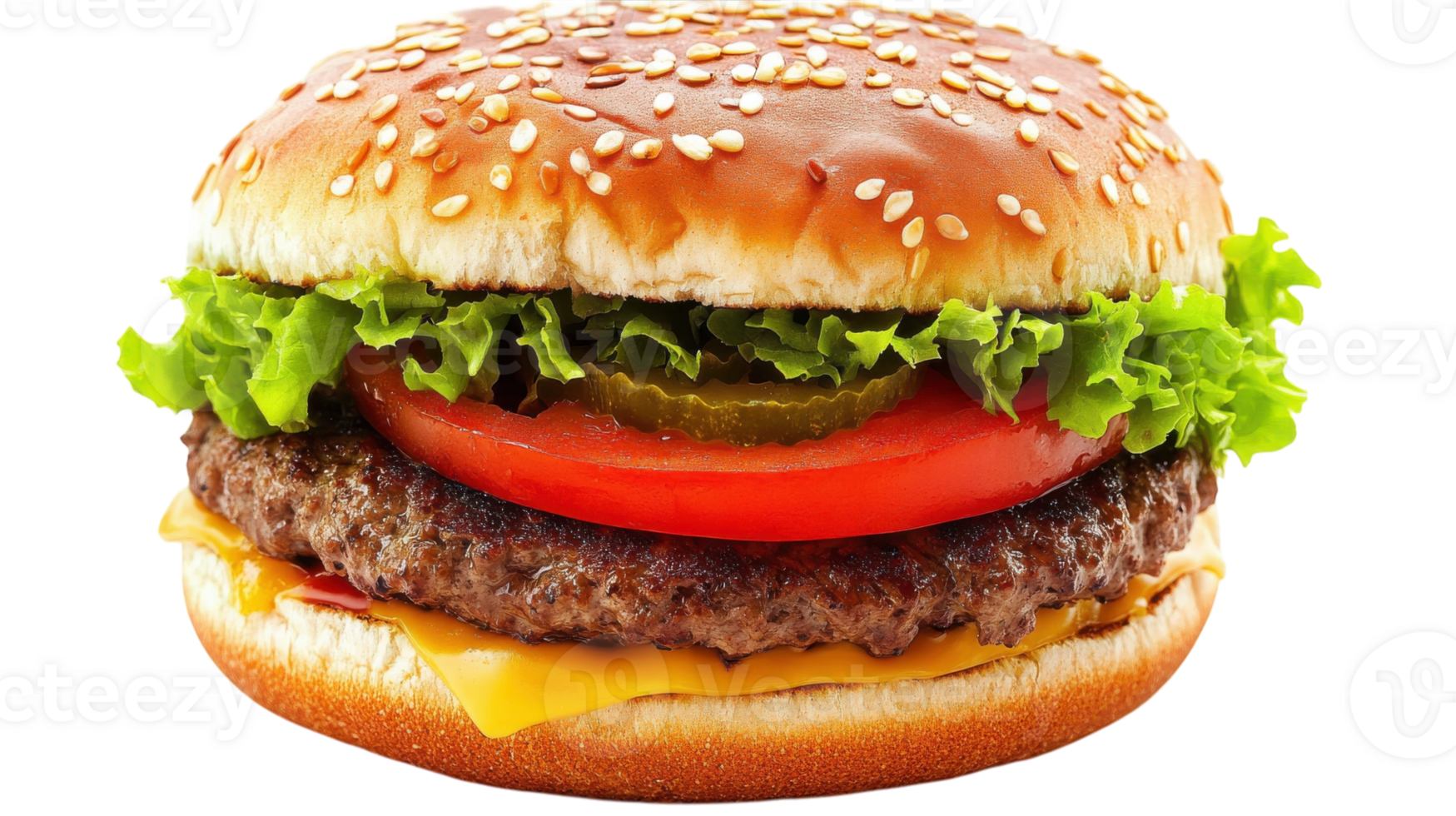 Freshly assembled gourmet burger with sesame bun, vegetables, and beef patty ready to be enjoyed png