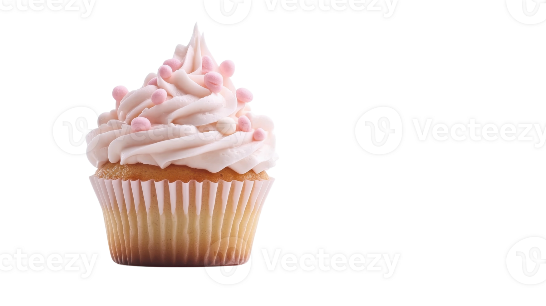 Freshly baked cupcake topped with pink frosting and decorative sprinkles on a white background png
