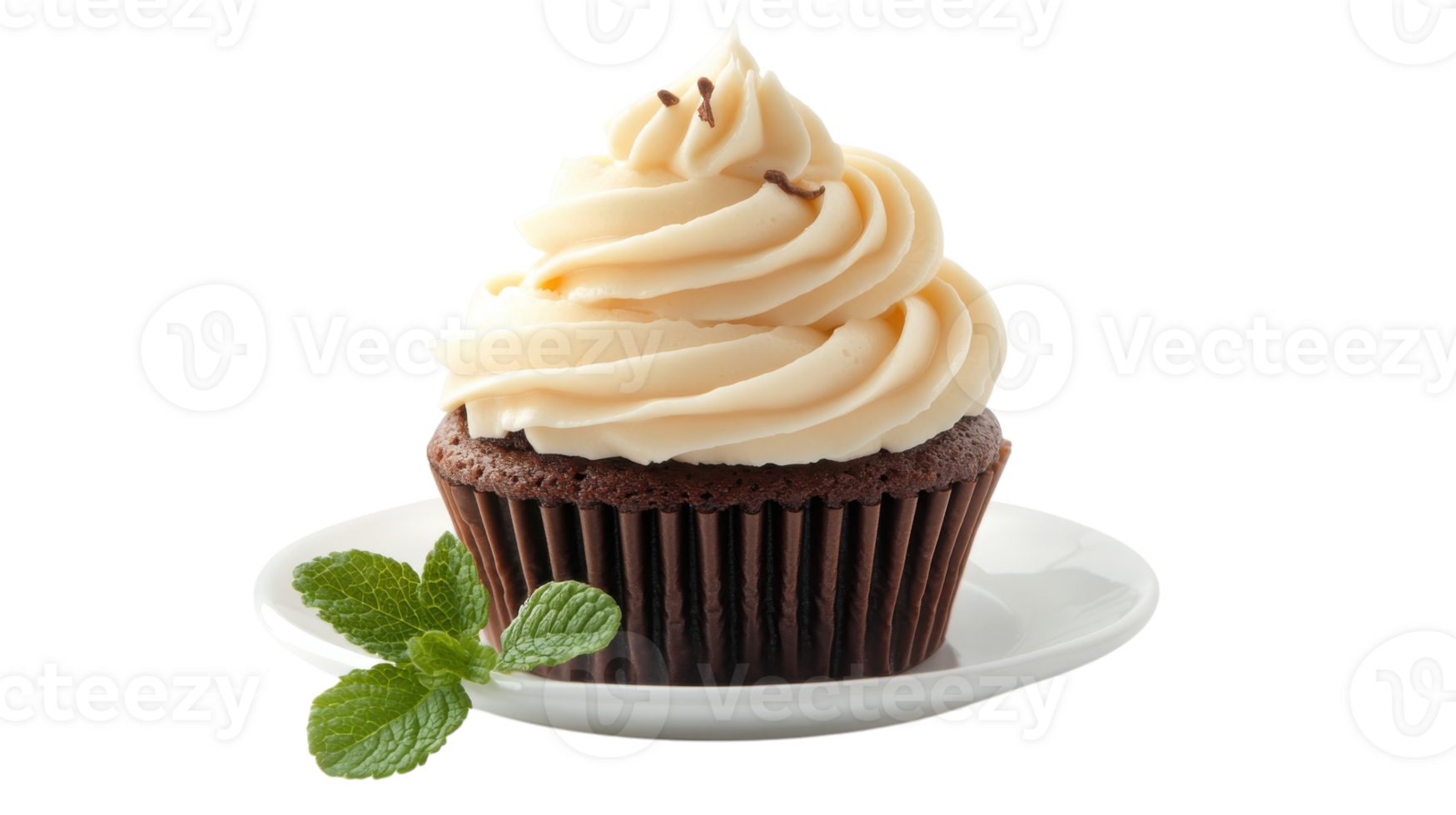 Delicious chocolate cupcake topped with creamy vanilla frosting and fresh mint on a plate png