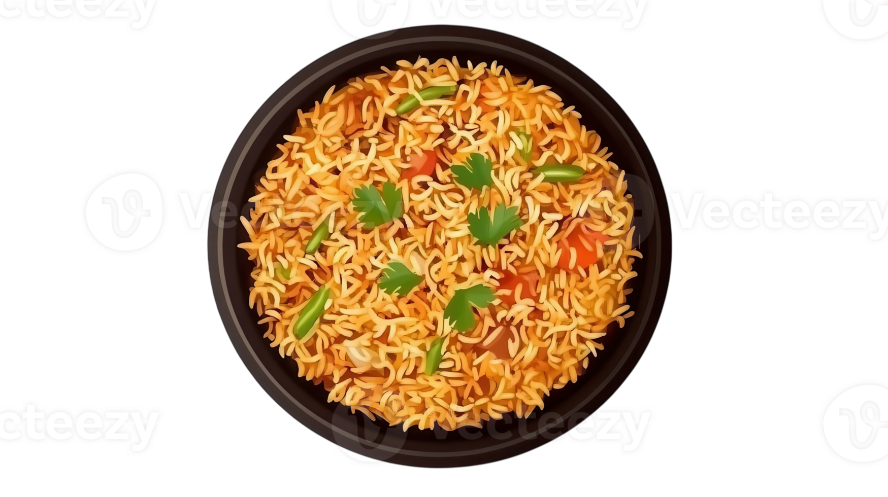 Delicious vegetarian rice mixed with colorful vegetables served in a black bowl on a clean white background png