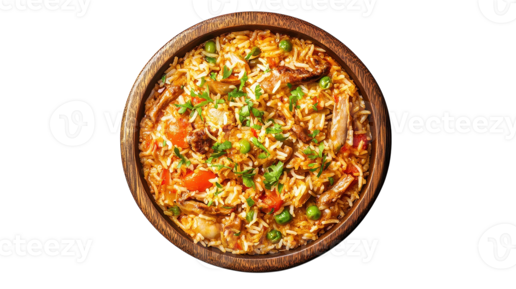 Savory rice dish with vegetables and shredded meat served in a wooden bowl on a plain background png