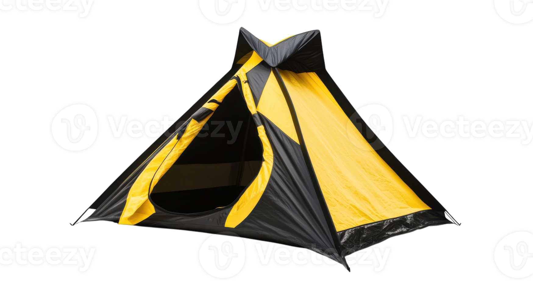 Bright yellow and black camping tent set up in a natural outdoor setting for family adventure and relaxation png