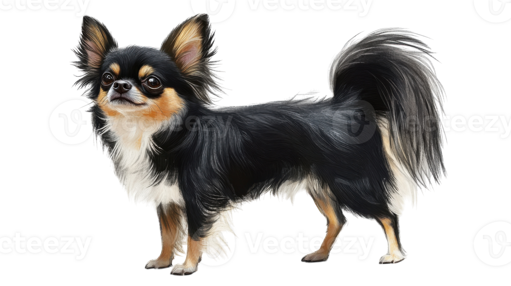 Cute black and tan Chihuahua standing proudly in a bright, well-lit space with a cheerful expression png