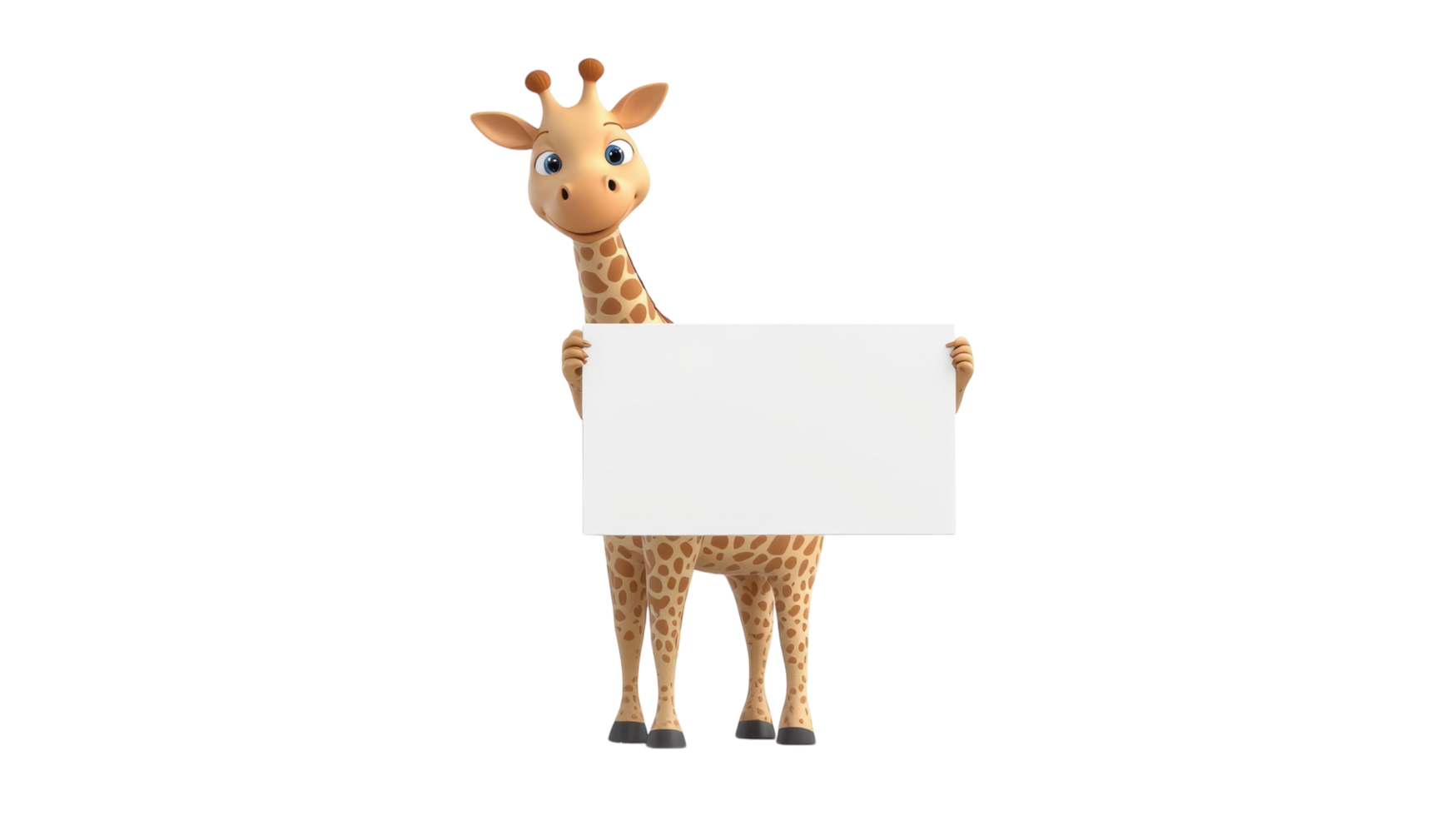 Cheerful cartoon giraffe holds a blank sign for a creative message in a simple studio setting png