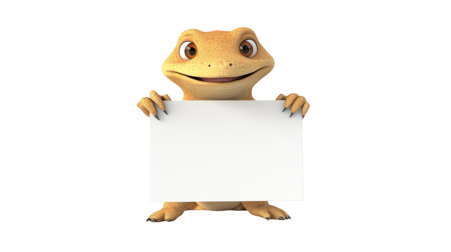 Happy cartoon creature holding a blank sign in a bright and cheerful setting with a welcoming expression png